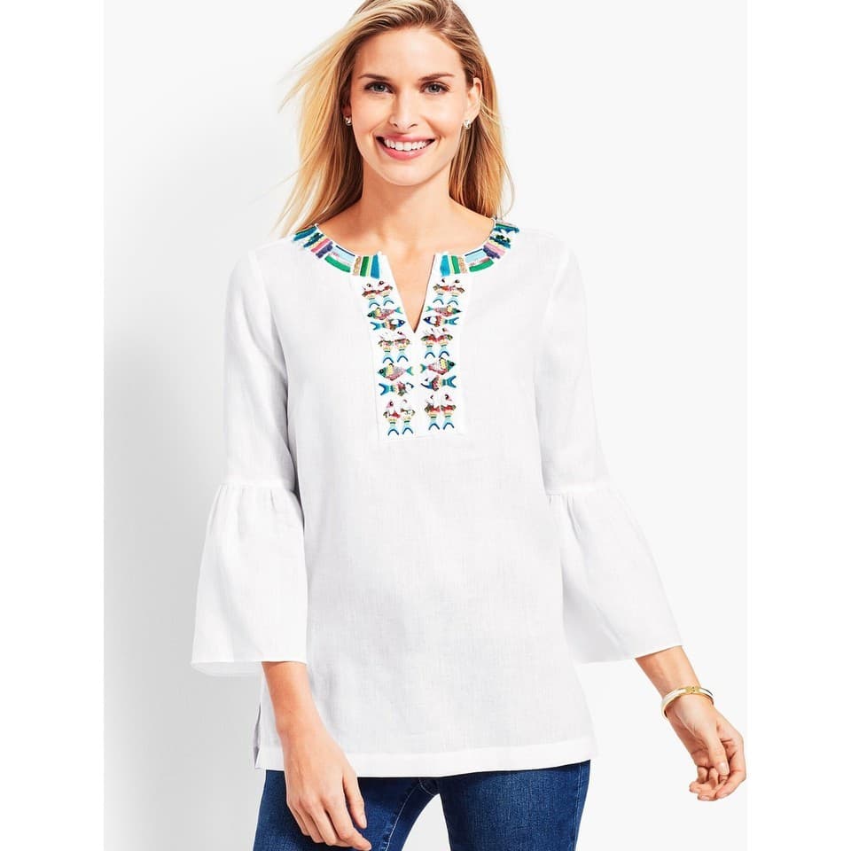 Talbots 100% Linen Fish Embroidered Beaded Tunic Blouse Bell Sleeve White Sz.MP - Thumbnail 2
