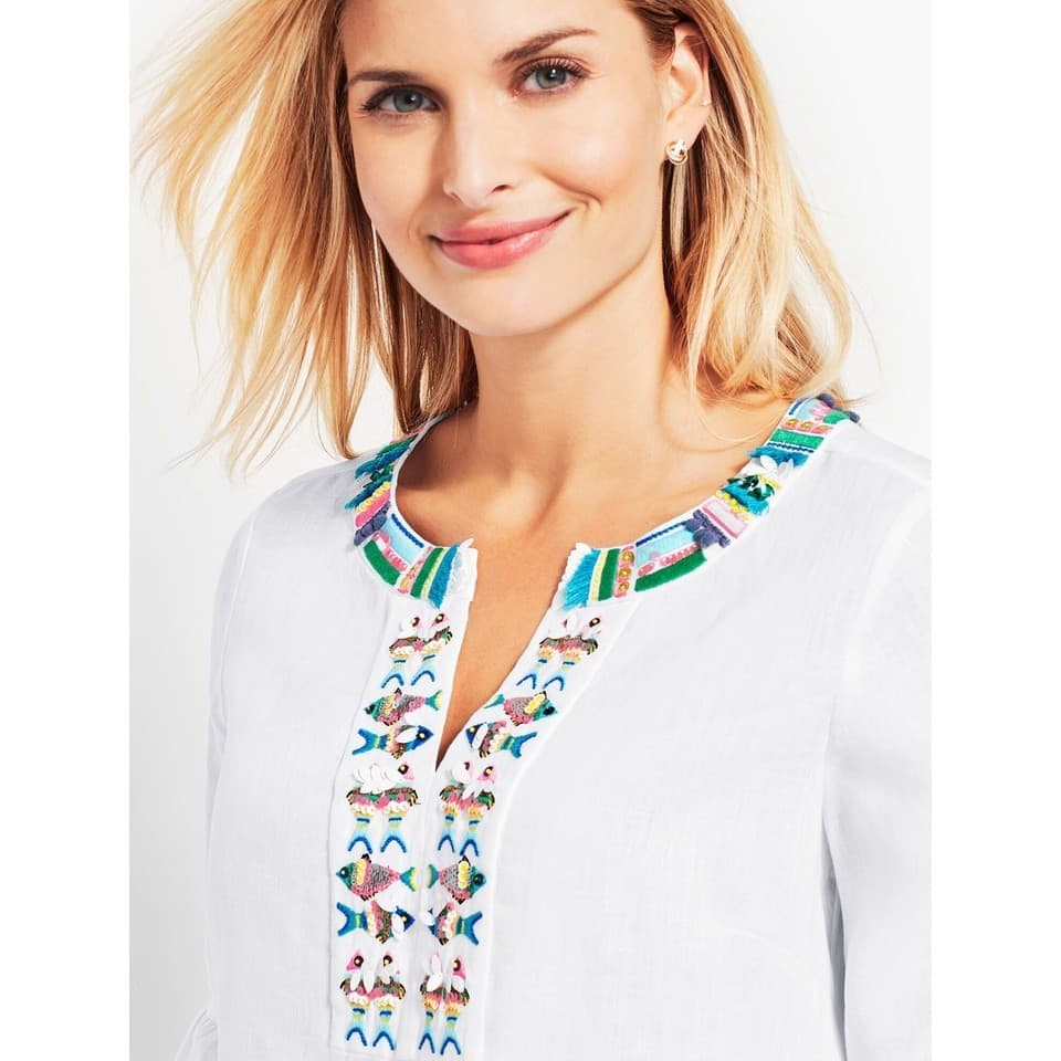 Talbots 100% Linen Fish Embroidered Beaded Tunic Blouse Bell Sleeve White Sz.MP - Thumbnail 5