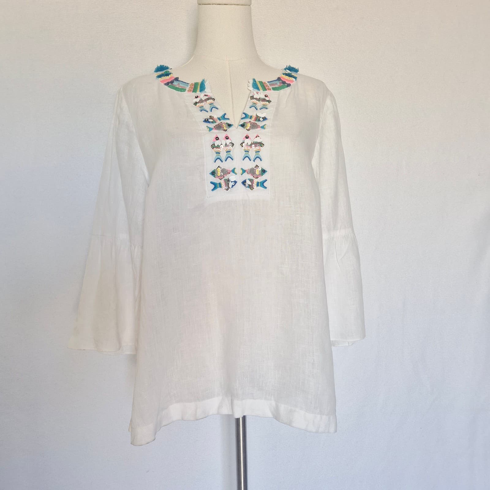 Talbots 100% Linen Fish Embroidered Beaded Tunic Blouse Bell Sleeve White Sz.MP - Thumbnail 3