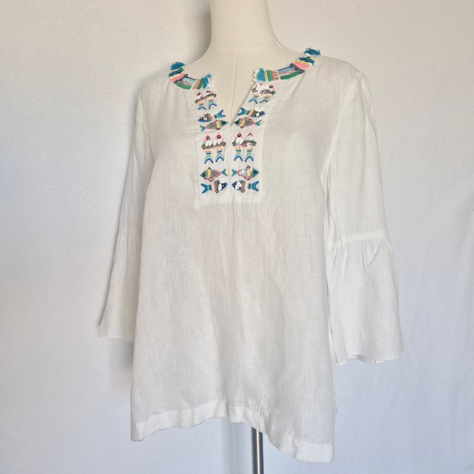 Talbots 100% Linen Fish Embroidered Beaded Tunic Blouse Bell Sleeve White Sz.MP - Thumbnail 7