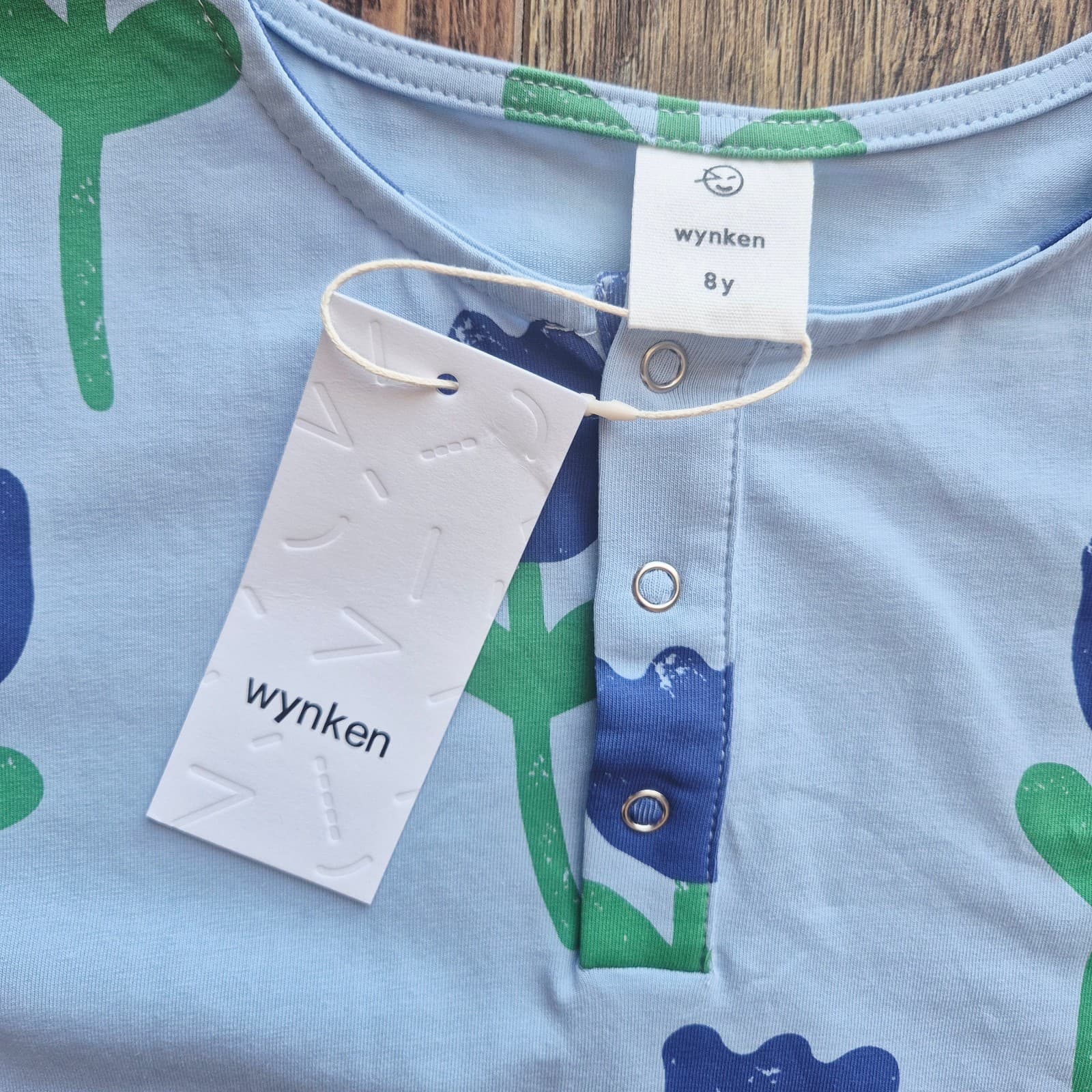 NWT Wynken Bird Blue Onda Tulips Tee-Shirt Snap Short Sleeve Cotton Kids 8Y - Thumbnail 6