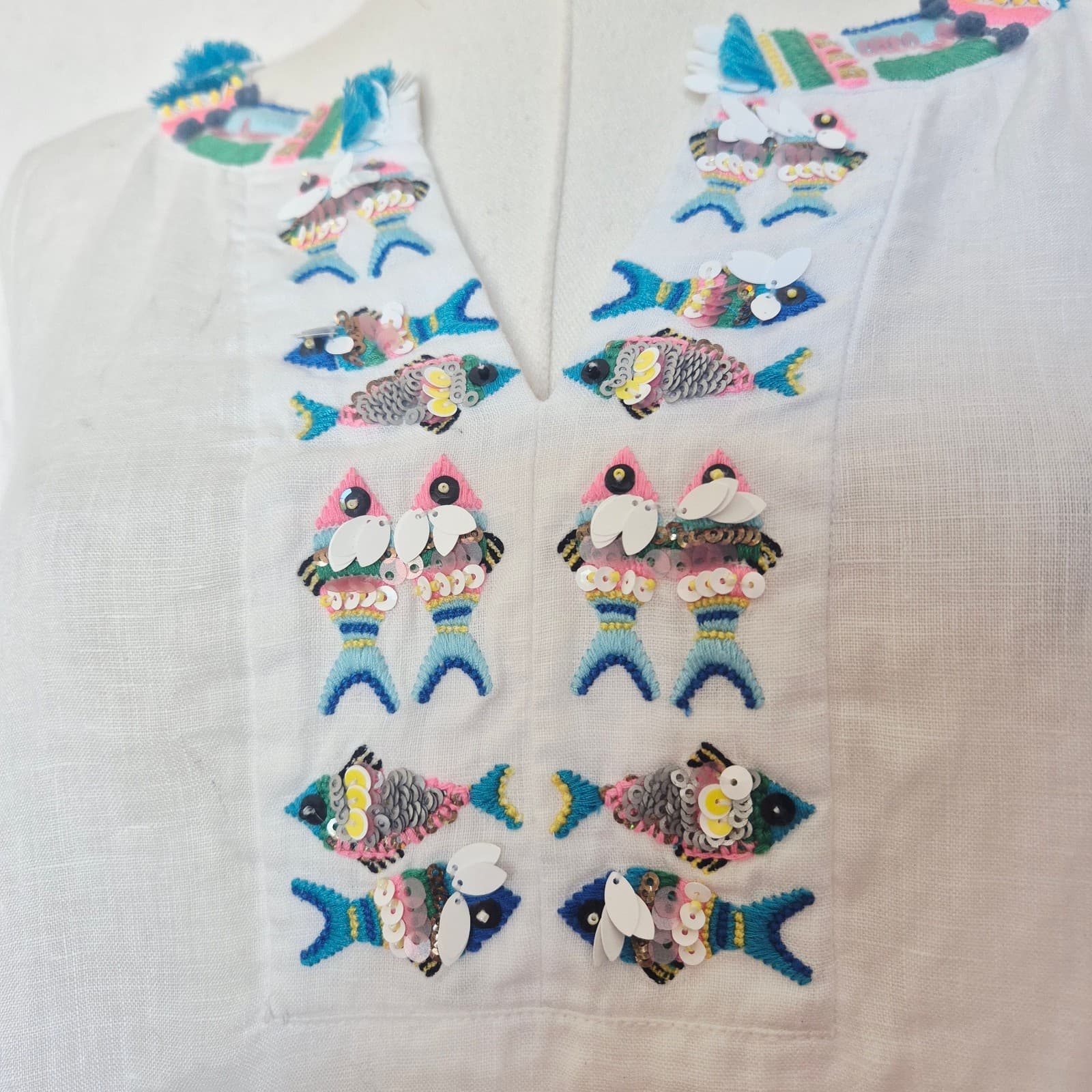 Talbots 100% Linen Fish Embroidered Beaded Tunic Blouse Bell Sleeve White Sz.MP - Thumbnail 4