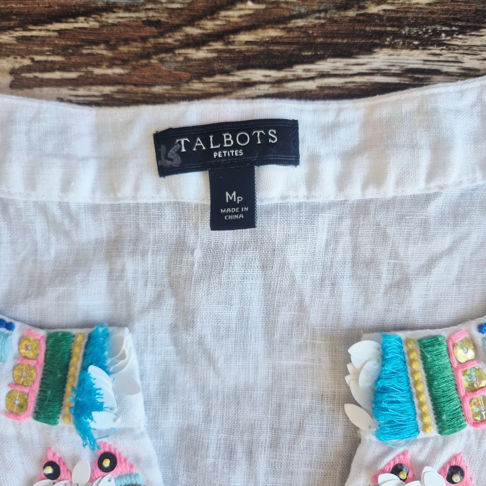 Talbots 100% Linen Fish Embroidered Beaded Tunic Blouse Bell Sleeve White Sz.MP - Thumbnail 11