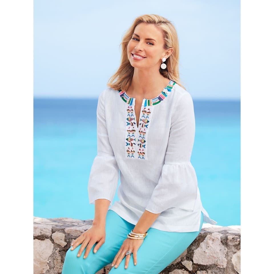 Talbots 100% Linen Fish Embroidered Beaded Tunic Blouse Bell Sleeve White Sz.MP - Thumbnail 6
