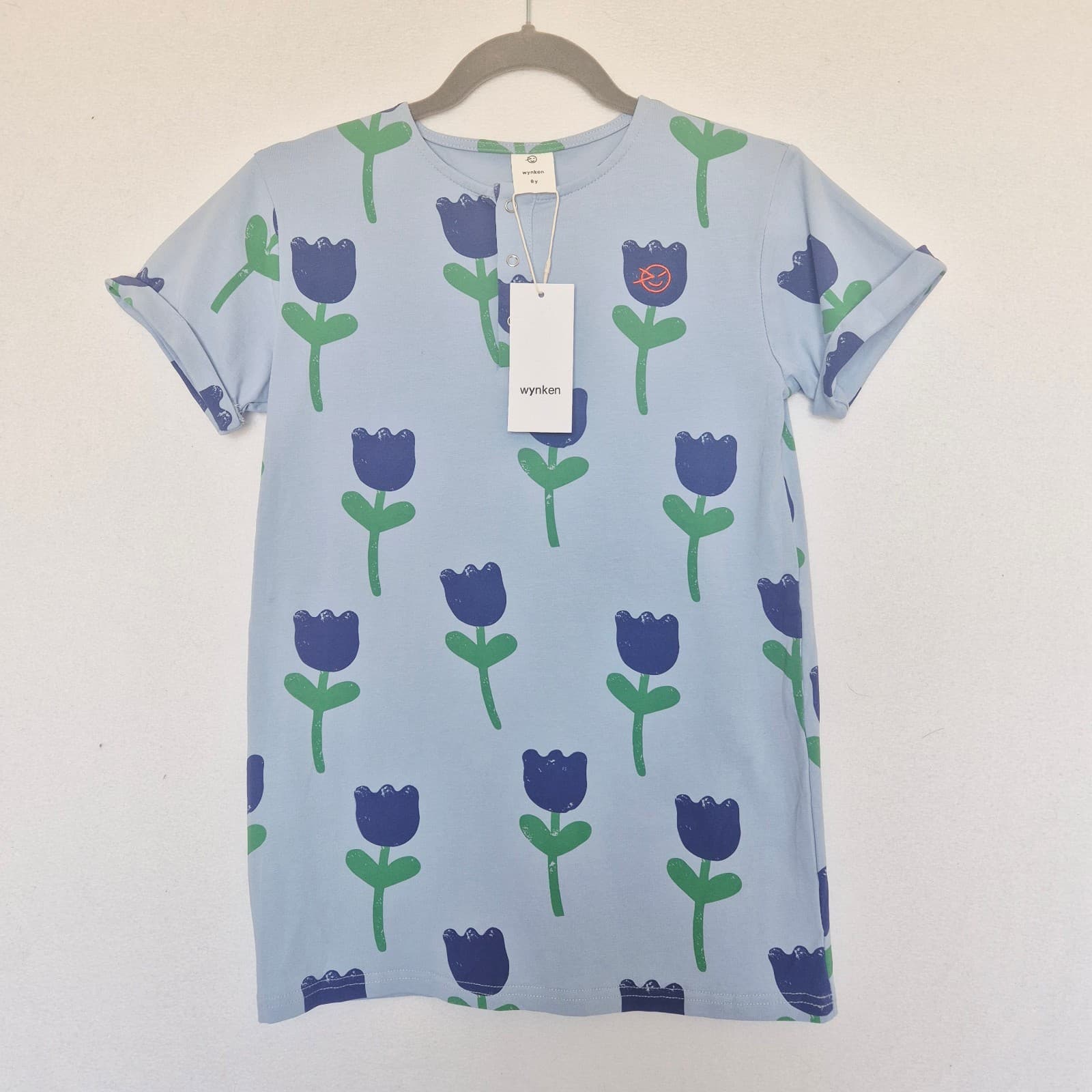 NWT Wynken Bird Blue Onda Tulips Tee-Shirt Snap Short Sleeve Cotton Kids 8Y - Thumbnail 3