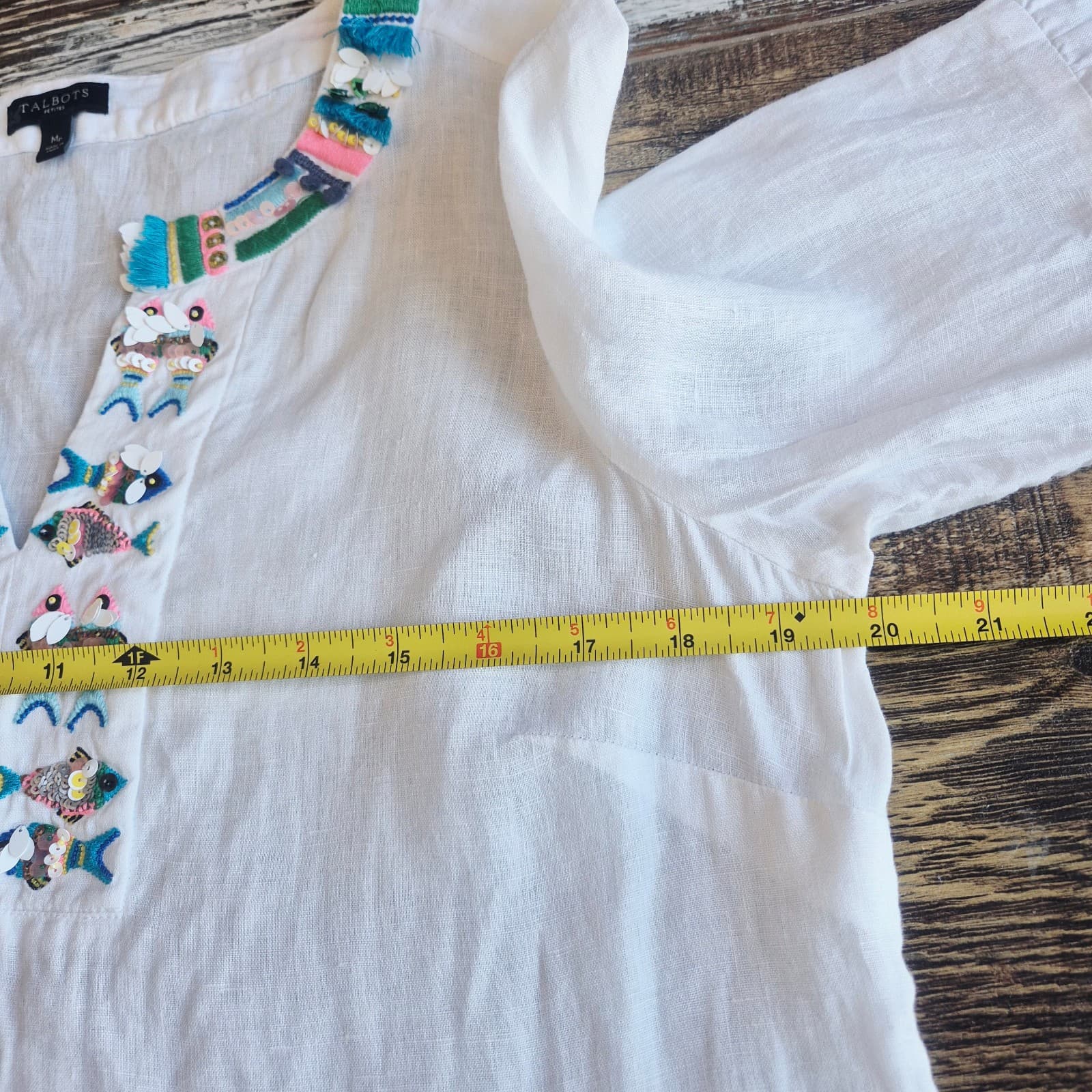 Talbots 100% Linen Fish Embroidered Beaded Tunic Blouse Bell Sleeve White Sz.MP - Thumbnail 15