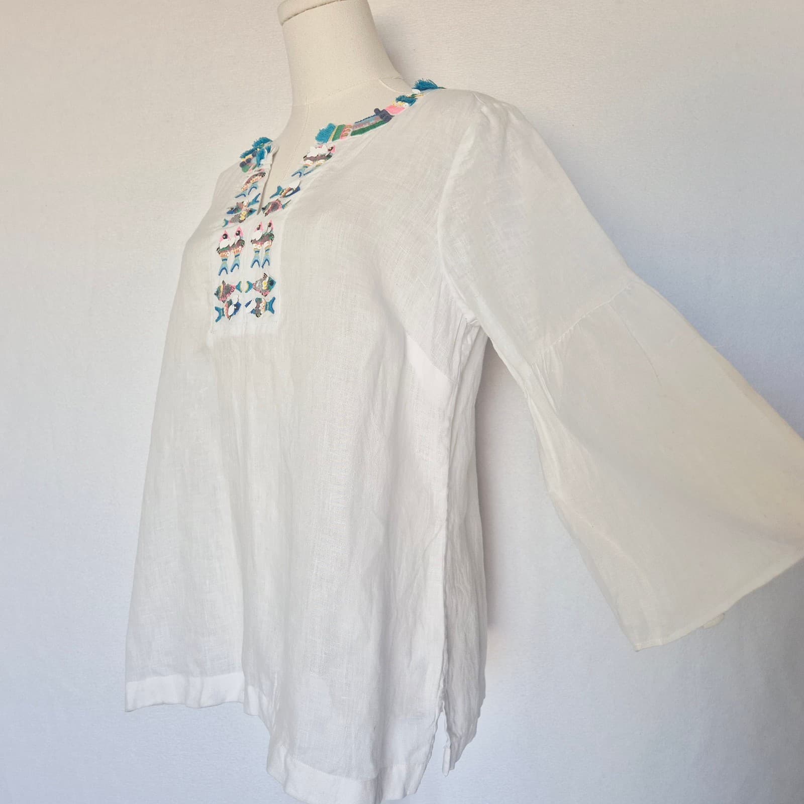 Talbots 100% Linen Fish Embroidered Beaded Tunic Blouse Bell Sleeve White Sz.MP - Thumbnail 8