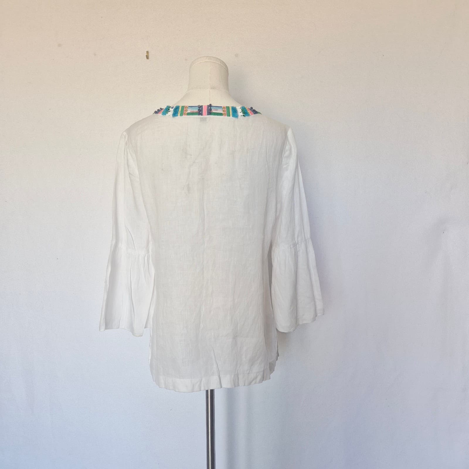 Talbots 100% Linen Fish Embroidered Beaded Tunic Blouse Bell Sleeve White Sz.MP - Thumbnail 10