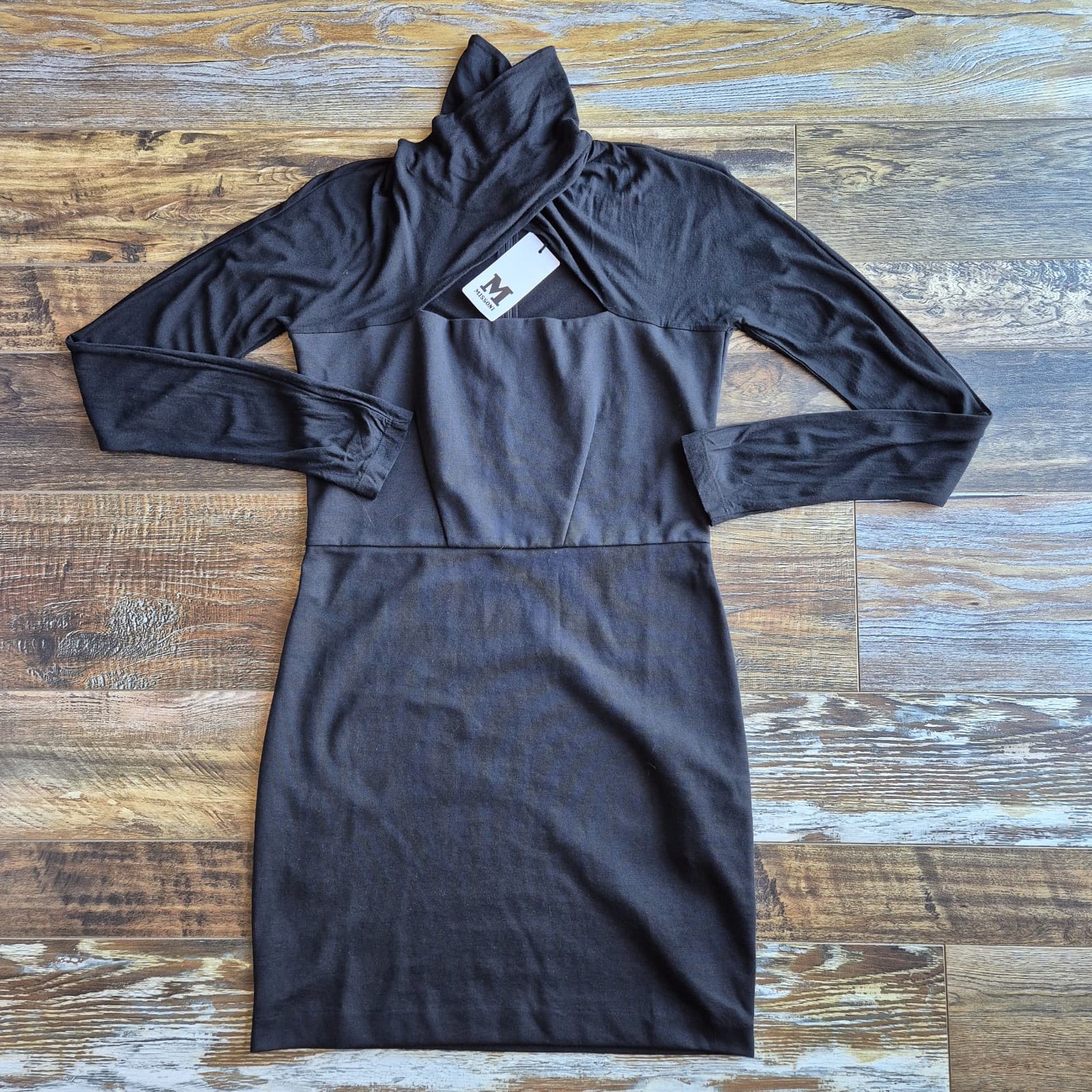 NWT Missoni Cut-Out Turtle-Neck Mini Dress Long Sleeve Cotton Blend Black Sz.L - Thumbnail 8