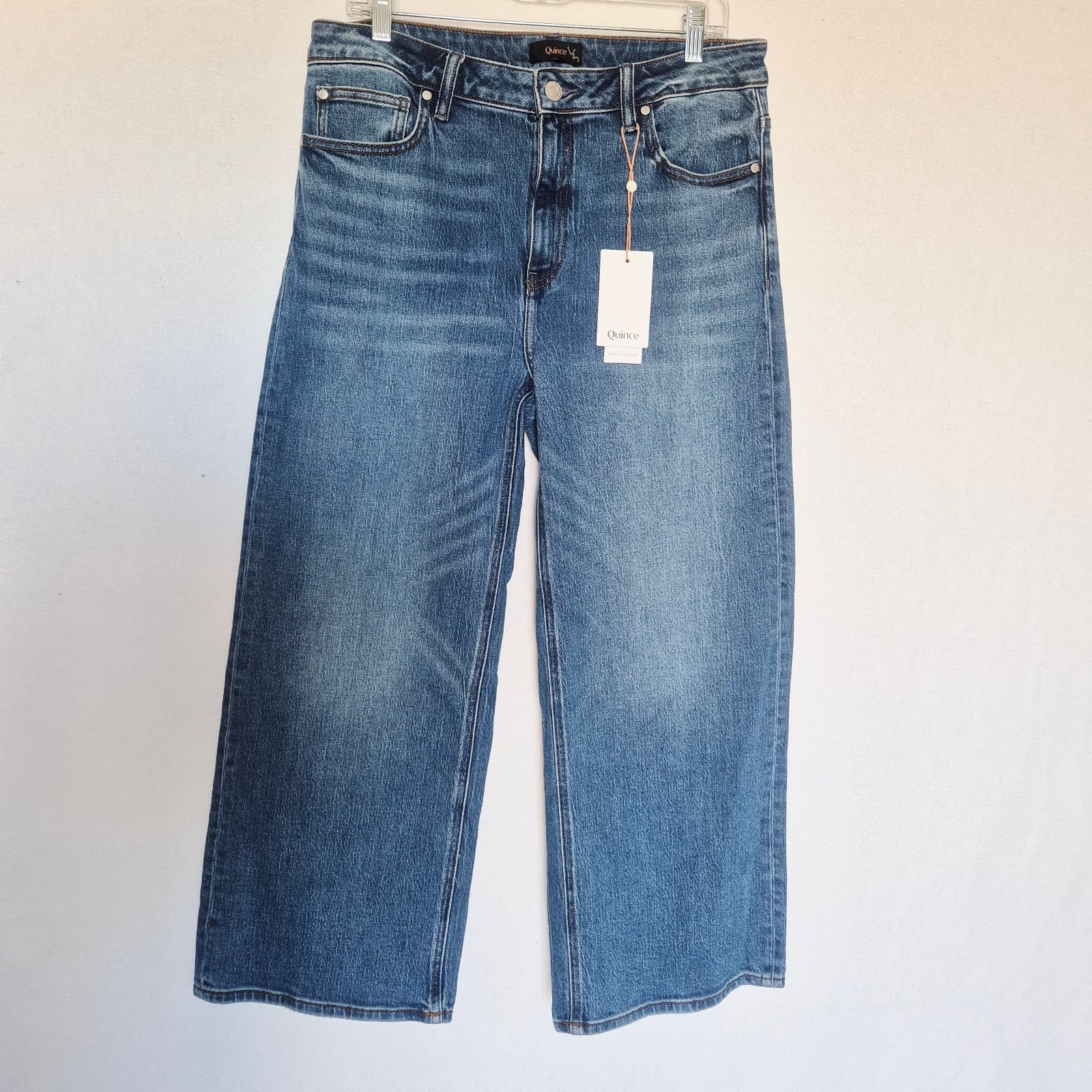 NWT Quince Bella Stretch Relaxed Straight Wide Leg Jeans Organic Cotton Blue 31 - Thumbnail 3
