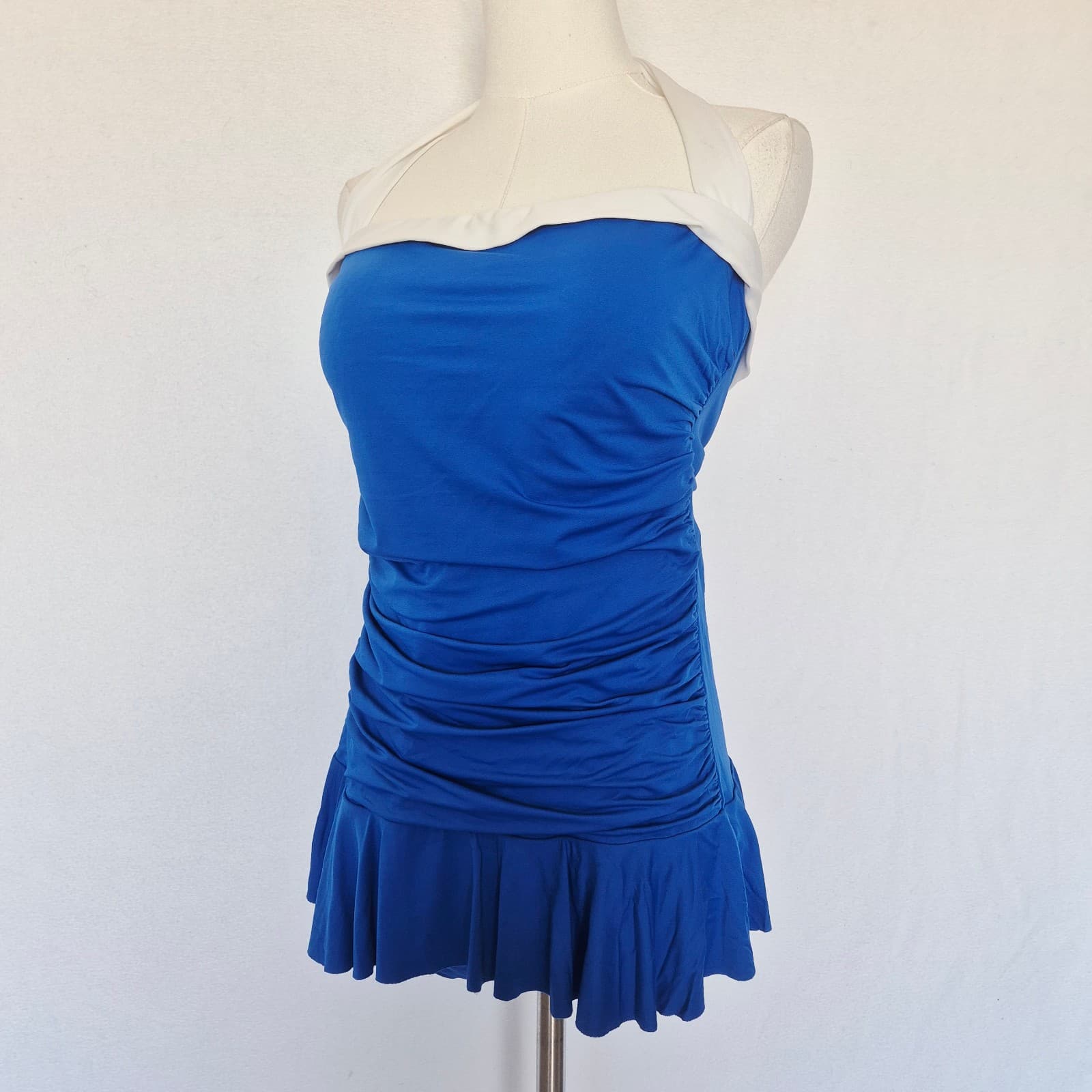 Lauren Ralph Lauren Bel Air Skirted Bandeau One-Piece Swimsuit Ruched Blue Sz.14 - Thumbnail 5