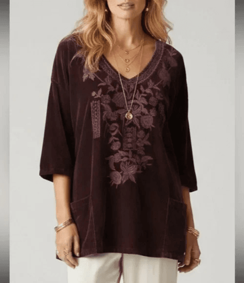 Soft Surroundings Floral Embroidered Velvet Tunic Blouse Pocket Burgundy Size M - Thumbnail 2