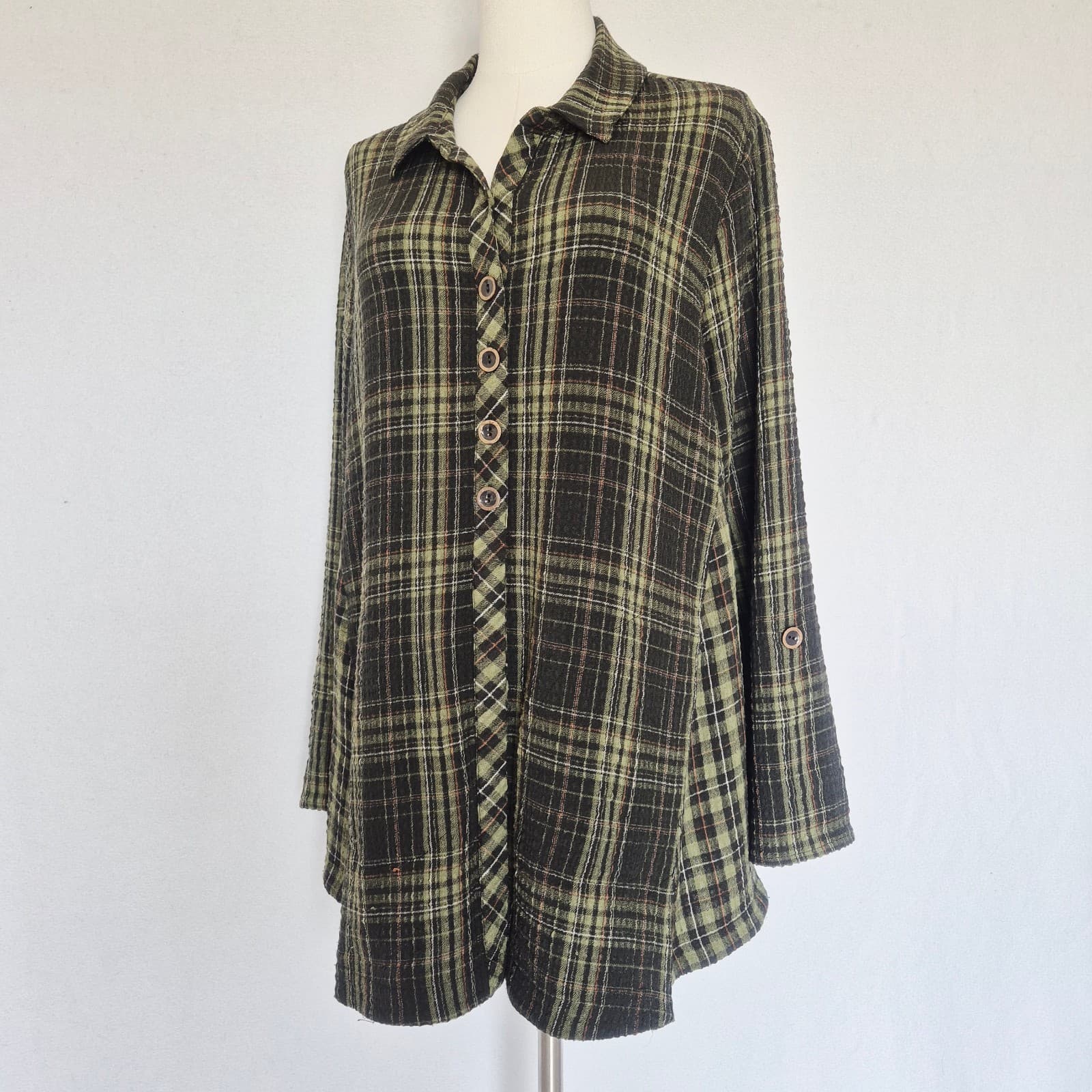 Habitat Crinkle Texture Green Plaid Tunic Top Button Roll-Tap Sleeve Pocket Sz.M - Thumbnail 3