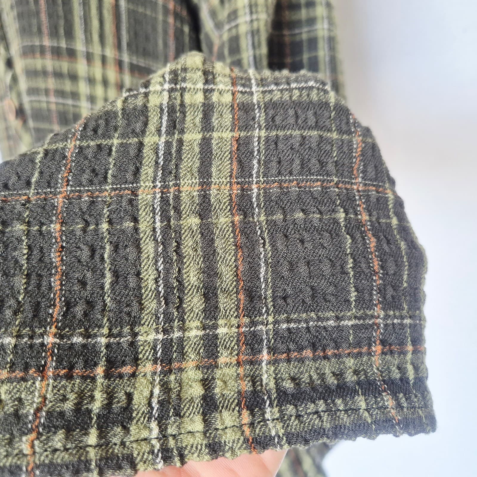 Habitat Crinkle Texture Green Plaid Tunic Top Button Roll-Tap Sleeve Pocket Sz.M - Thumbnail 4