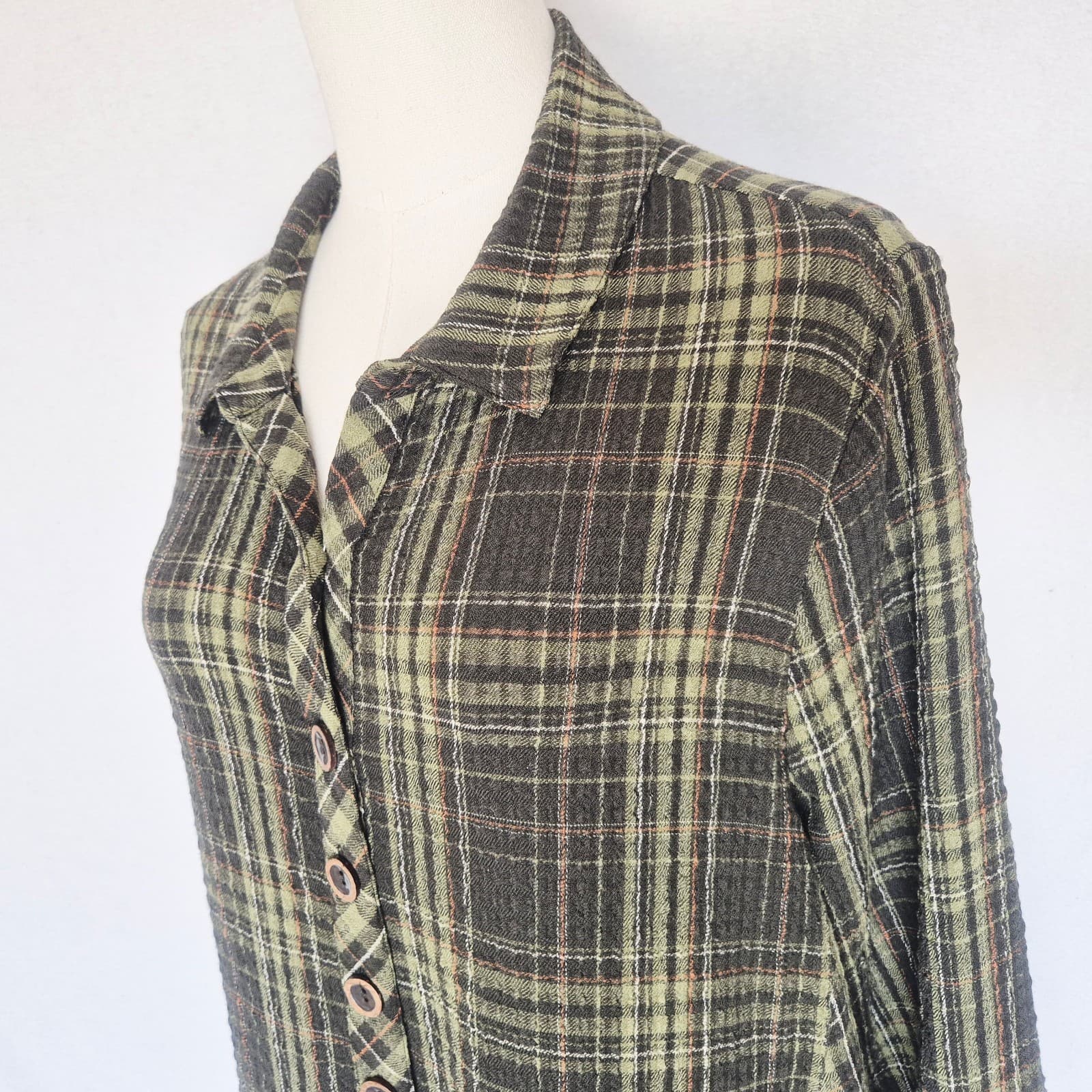 Habitat Crinkle Texture Green Plaid Tunic Top Button Roll-Tap Sleeve Pocket Sz.M - Thumbnail 5
