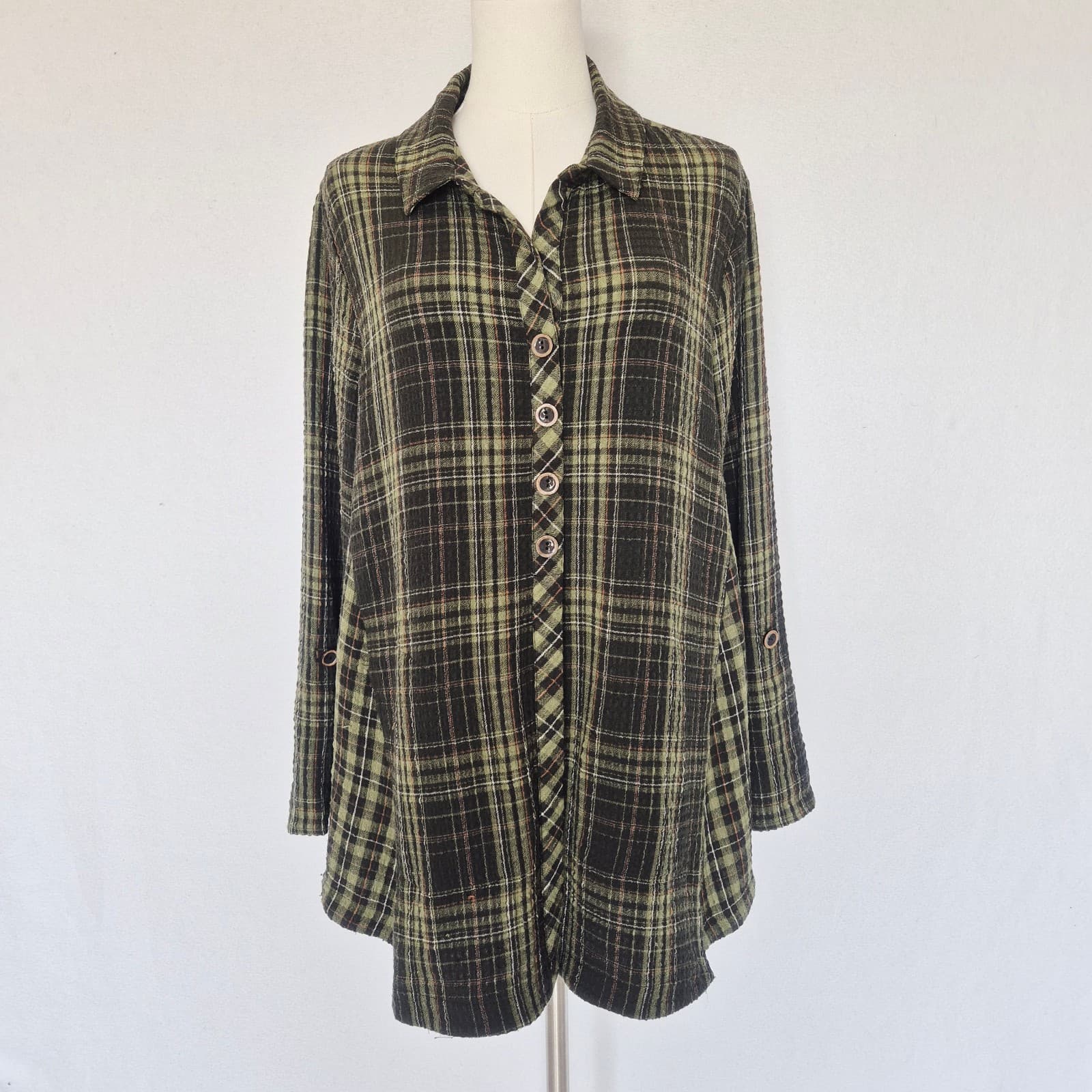 Habitat Crinkle Texture Green Plaid Tunic Top Button Roll-Tap Sleeve Pocket Sz.M - Thumbnail 2