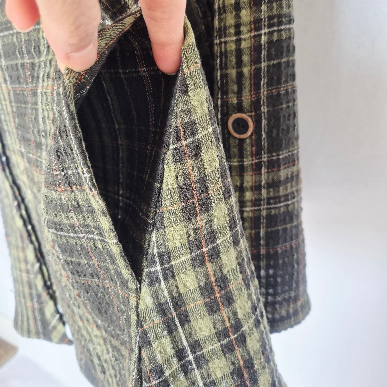 Habitat Crinkle Texture Green Plaid Tunic Top Button Roll-Tap Sleeve Pocket Sz.M - Thumbnail 6