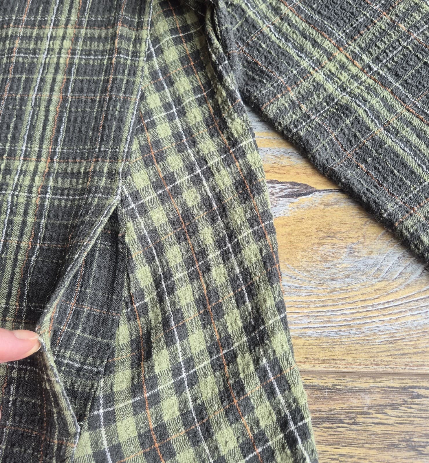 Habitat Crinkle Texture Green Plaid Tunic Top Button Roll-Tap Sleeve Pocket Sz.M - Thumbnail 7