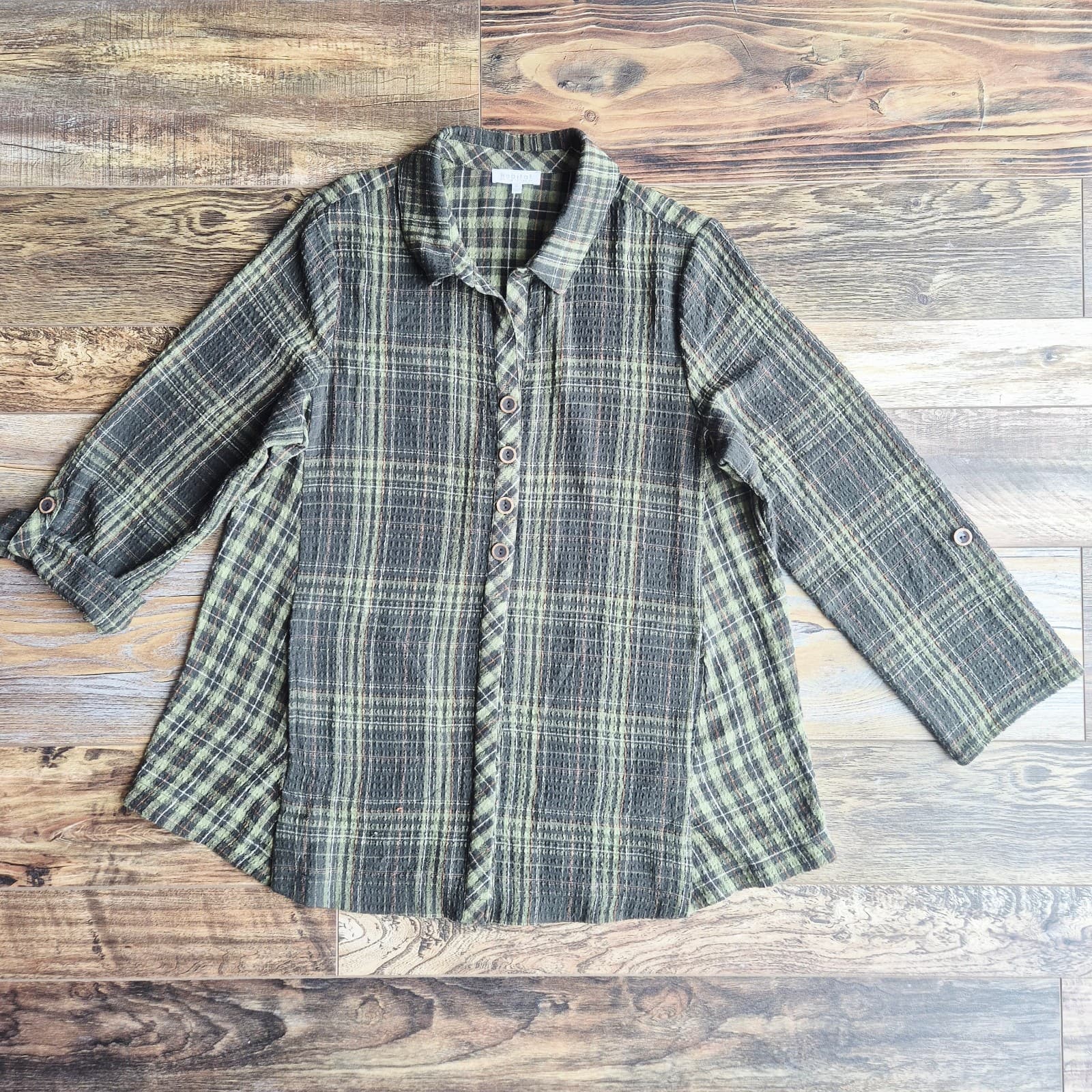 Habitat Crinkle Texture Green Plaid Tunic Top Button Roll-Tap Sleeve Pocket Sz.M - Thumbnail 9