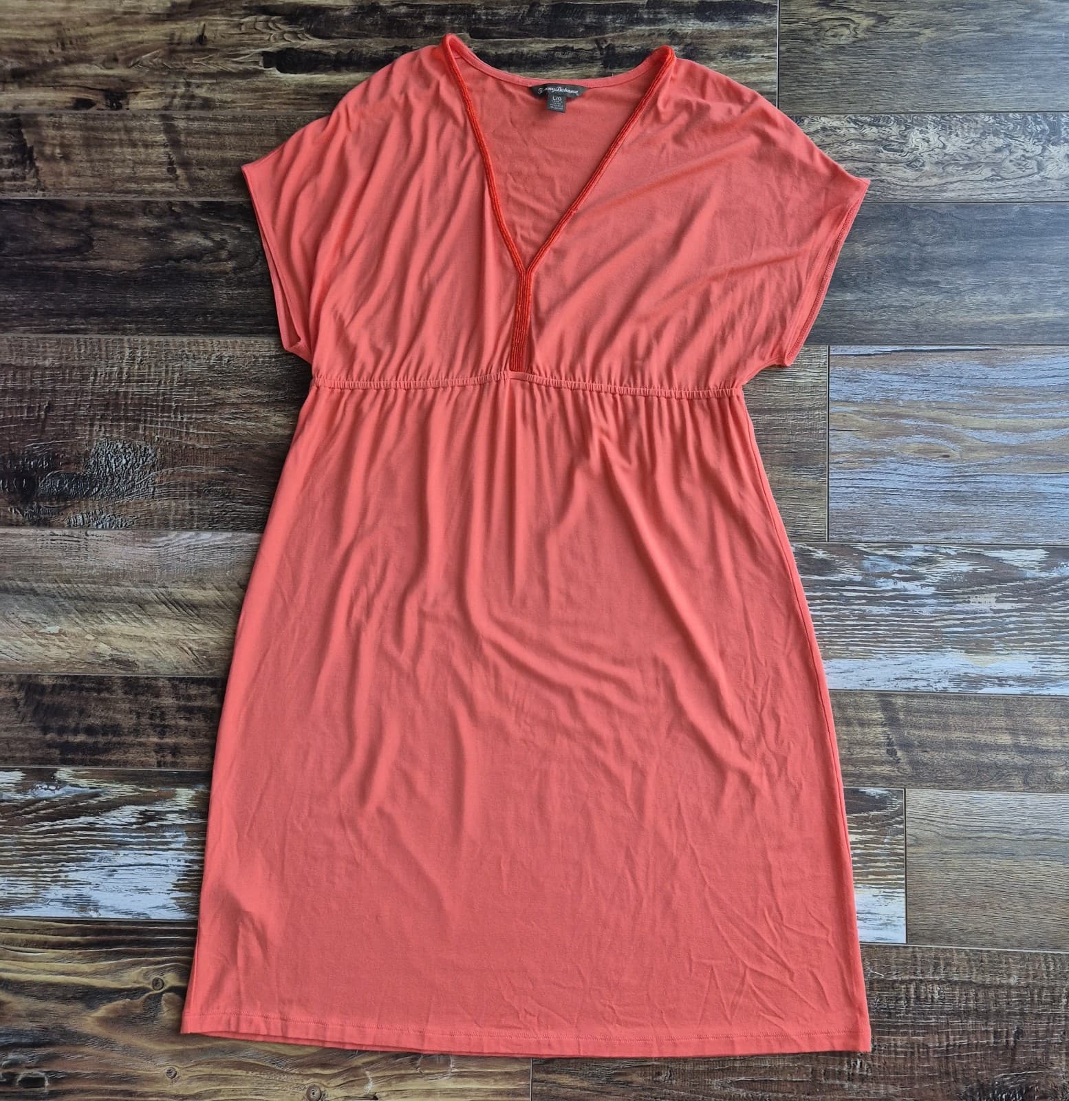Tommy Bahama Beaded Neck-Line Beach Resort Midi Dress Stretch Jersey Orange Sz.L - Thumbnail 6
