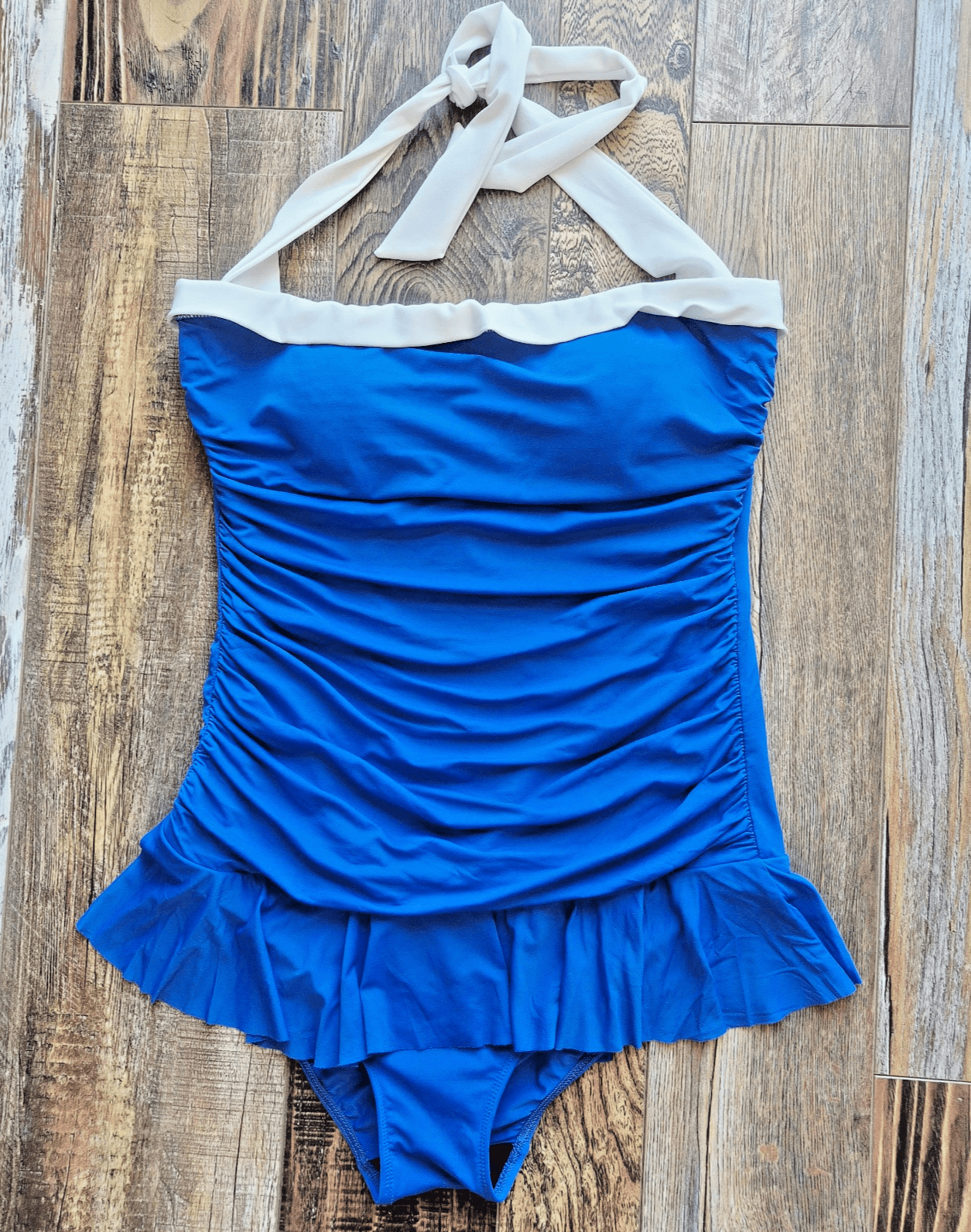 Lauren Ralph Lauren Bel Air Skirted Bandeau One-Piece Swimsuit Ruched Blue Sz.14 - Thumbnail 2