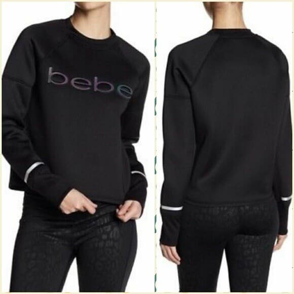 NWT BEBE Sport Women Scuba Sweatshirt Pullover Logo Crewneck Black Sz.M $99 - Thumbnail 2