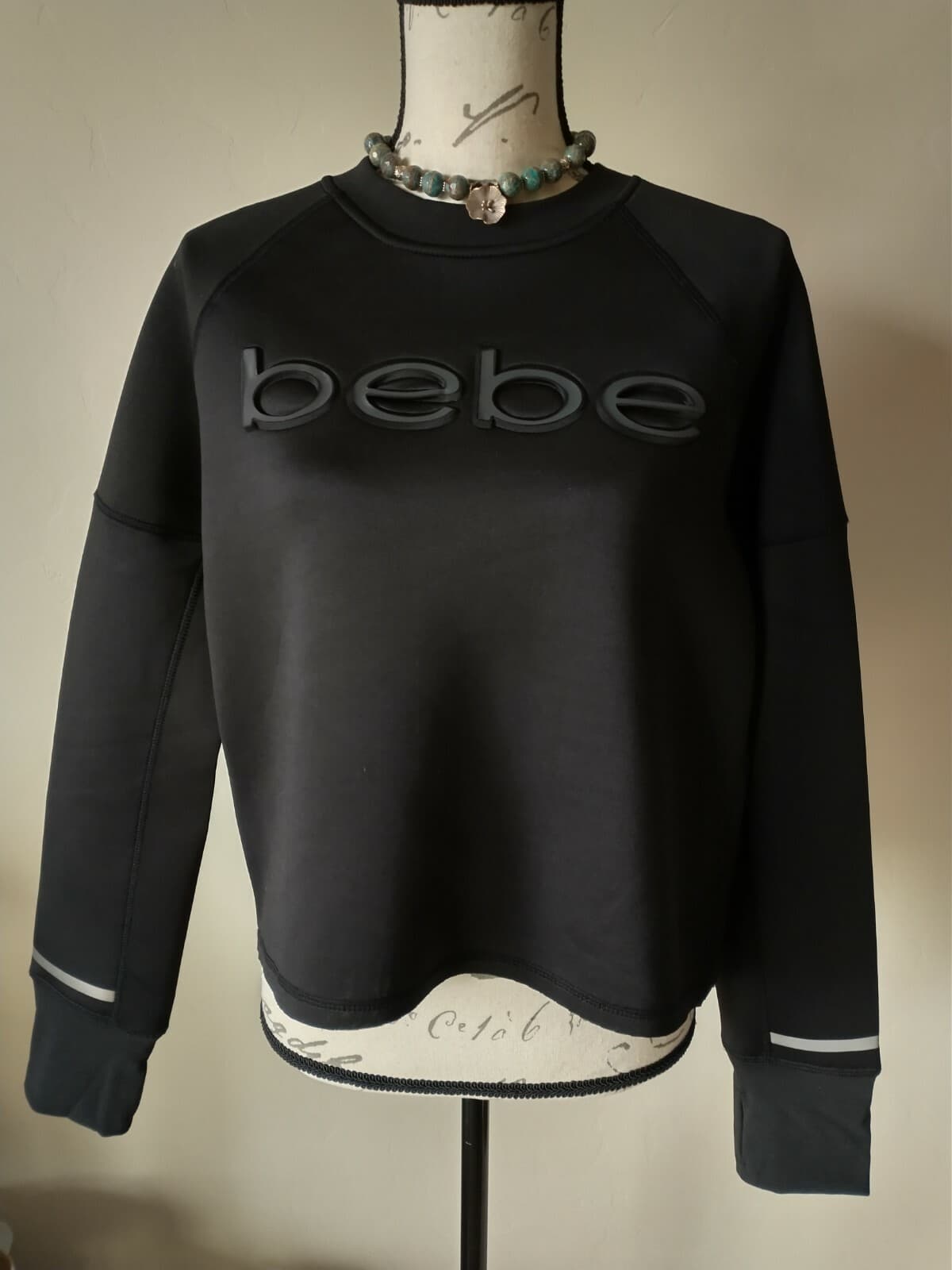 NWT BEBE Sport Women Scuba Sweatshirt Pullover Logo Crewneck Black Sz.M $99 - Thumbnail 4