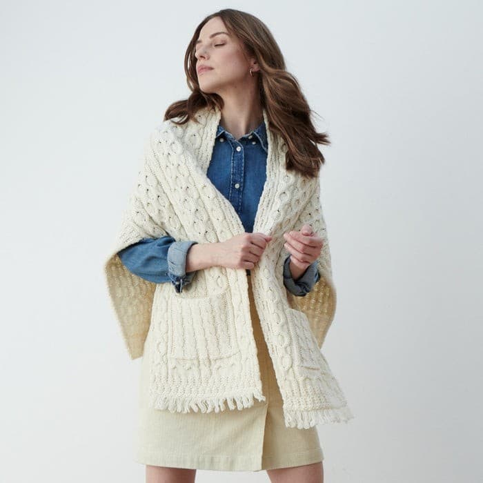 Aran Woollen Mills Ireland Shannon Throwover Merino Wool Cable Knit Wrap Pocket - Thumbnail 4
