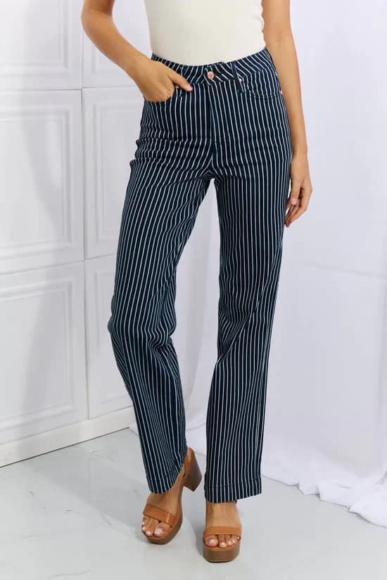 JUDY BLUE High Waist Tummy Control Blue White Striped Straight Jeans Womens 3/26 - Thumbnail 4