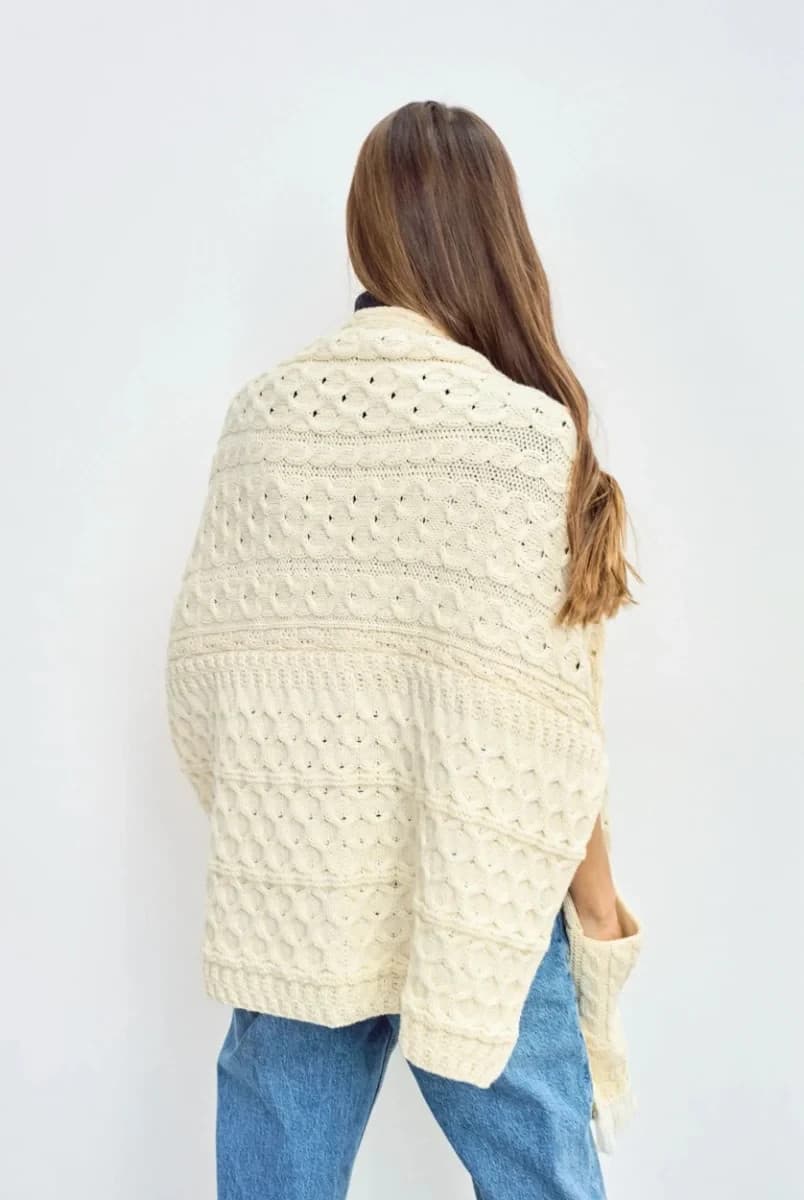 Aran Woollen Mills Ireland Shannon Throwover Merino Wool Cable Knit Wrap Pocket - Thumbnail 12