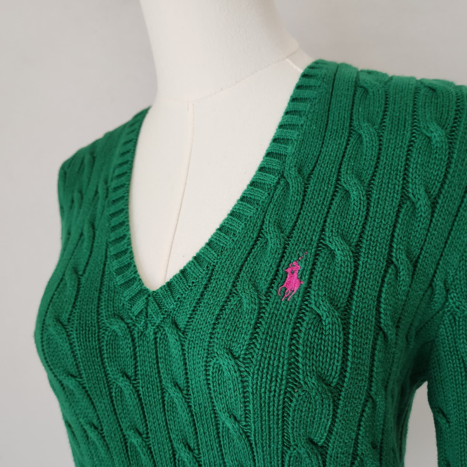 Vintage Y2K Ralph Lauren Sport Pony Cotton Cable Knit V-Neck Sweater Green Sz.L - Thumbnail 3