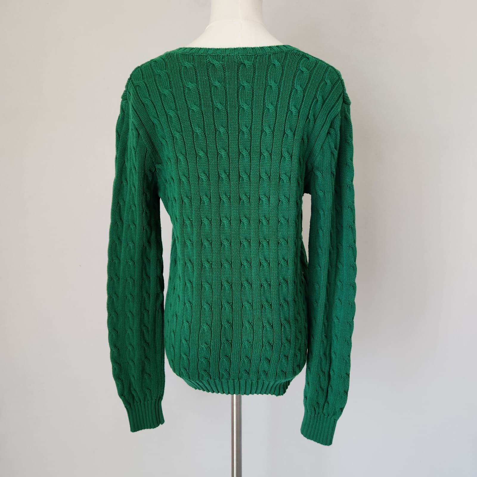 Vintage Y2K Ralph Lauren Sport Pony Cotton Cable Knit V-Neck Sweater Green Sz.L - Thumbnail 6
