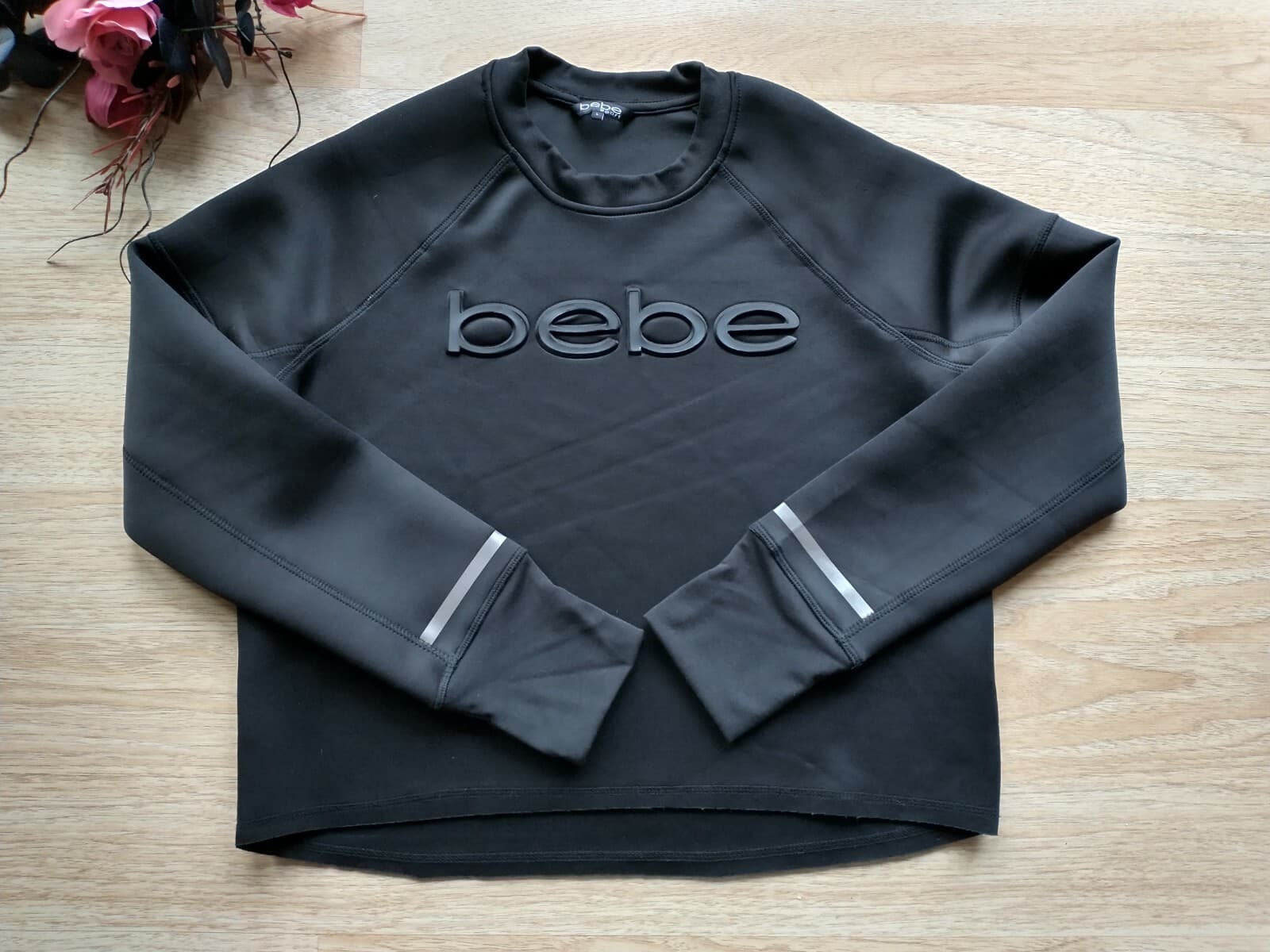 NWT BEBE Sport Women Scuba Sweatshirt Pullover Logo Crewneck Black Sz.M $99 - Thumbnail 3