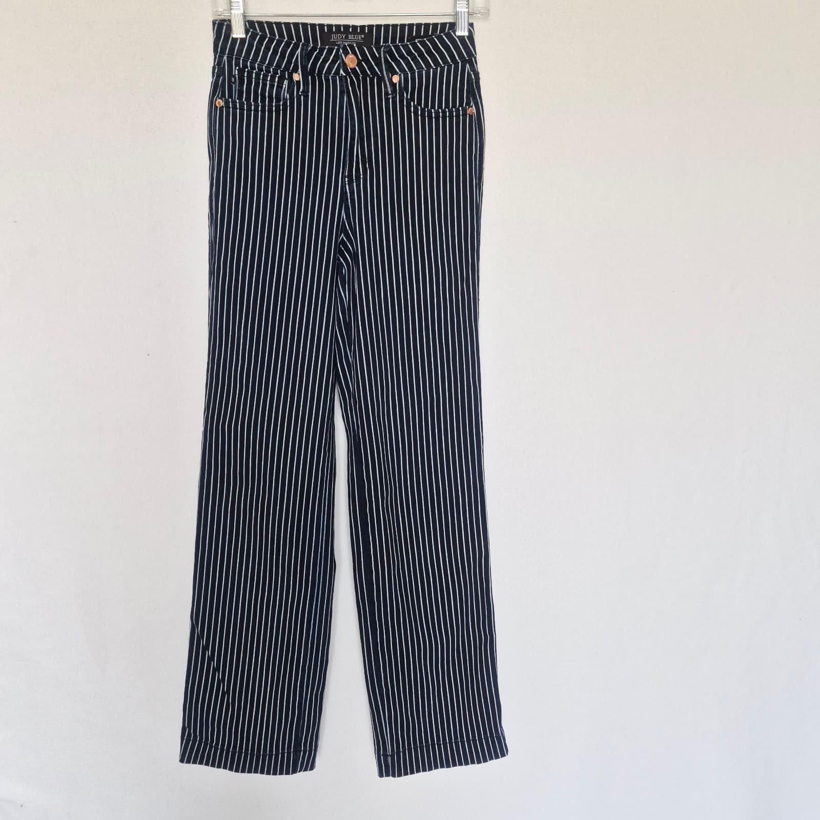 JUDY BLUE High Waist Tummy Control Blue White Striped Straight Jeans Womens 3/26 - Thumbnail 3