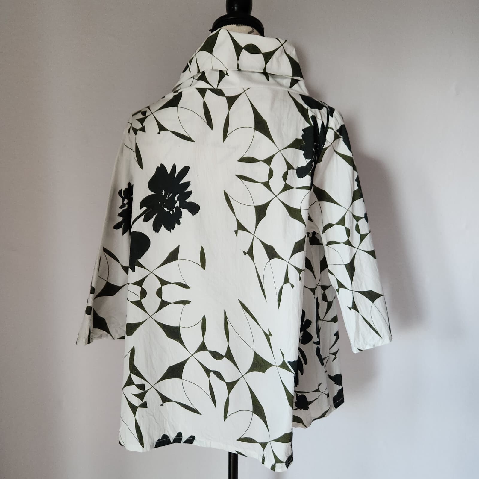 Bryn Walker Etta Fiori Floral Blouse Funnel Neck 3/4 Sleeve Cotton Green White M - Thumbnail 5