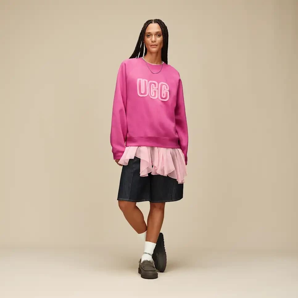 NWoT UGG Logo Spell-Out Crew Neck Sweatshirt Relaxed Fleece Lined Pink Women's S - Thumbnail 4