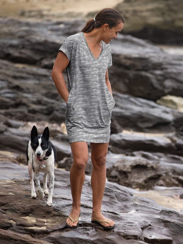 Title Nine Hiolani V Neck T-Shirt Dress Cap Sleeve Pocket Knit Blue Green Sz.L - Thumbnail 6