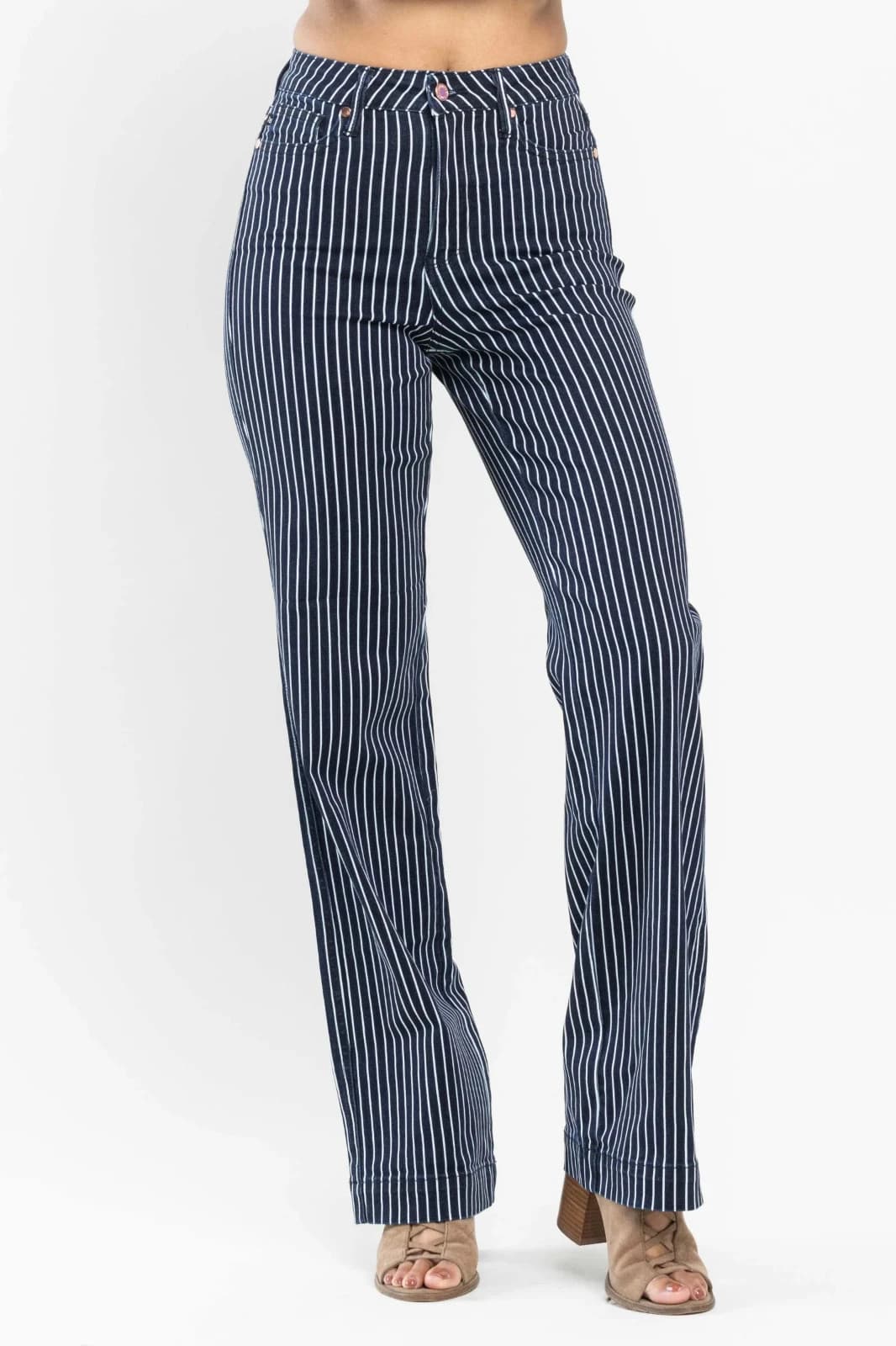 JUDY BLUE High Waist Tummy Control Blue White Striped Straight Jeans Womens 3/26 - Thumbnail 2