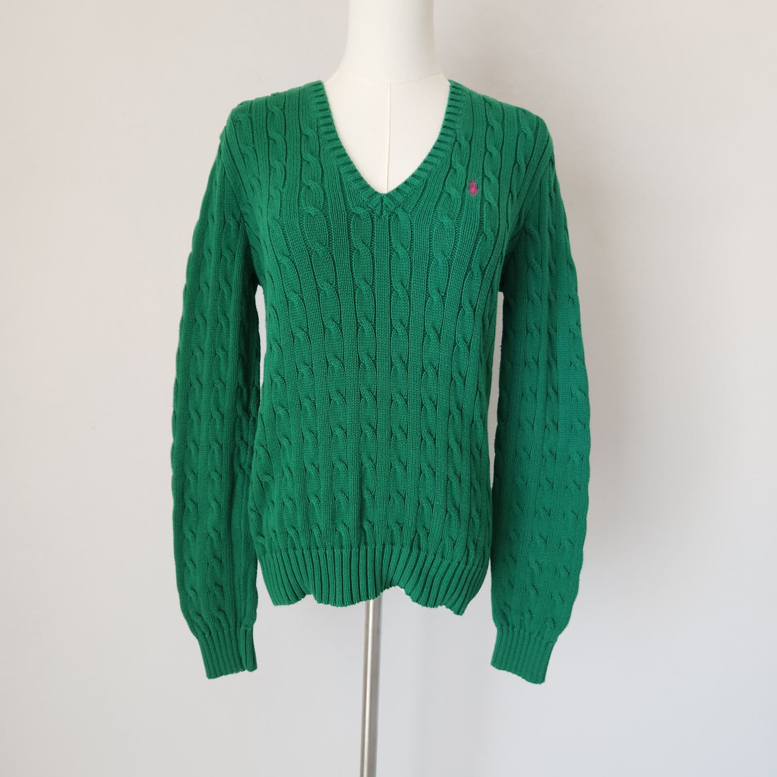 Vintage Y2K Ralph Lauren Sport Pony Cotton Cable Knit V-Neck Sweater Green Sz.L - Thumbnail 2
