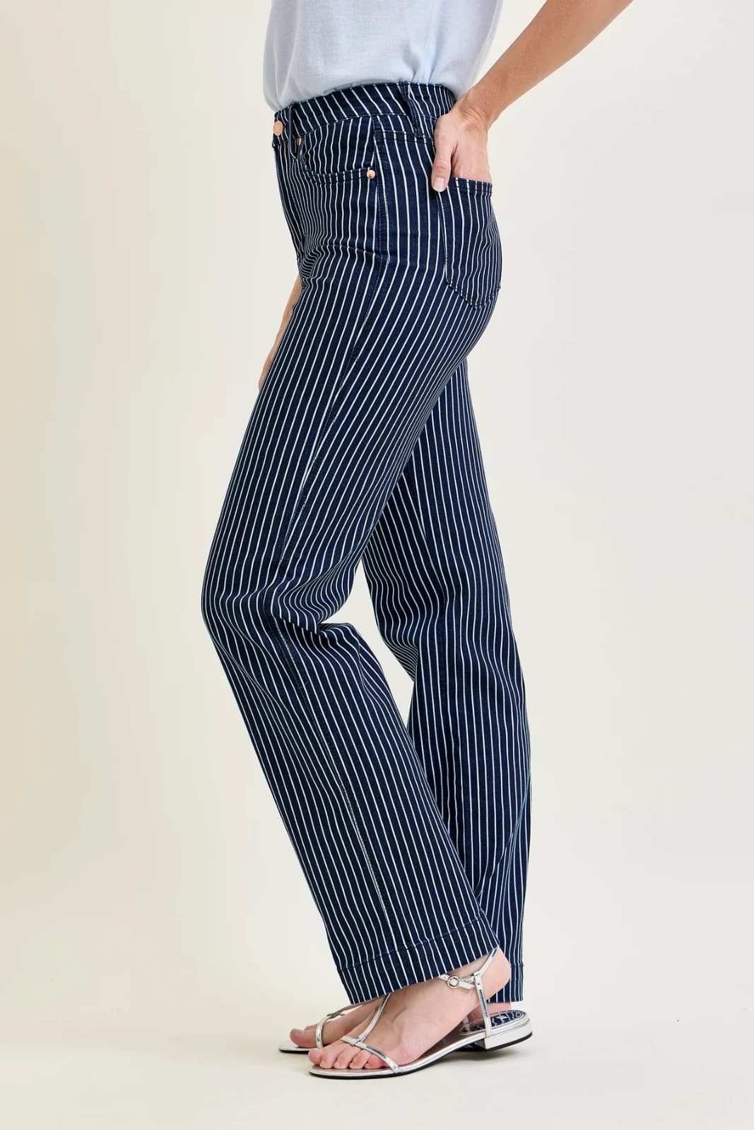 JUDY BLUE High Waist Tummy Control Blue White Striped Straight Jeans Womens 3/26 - Thumbnail 5