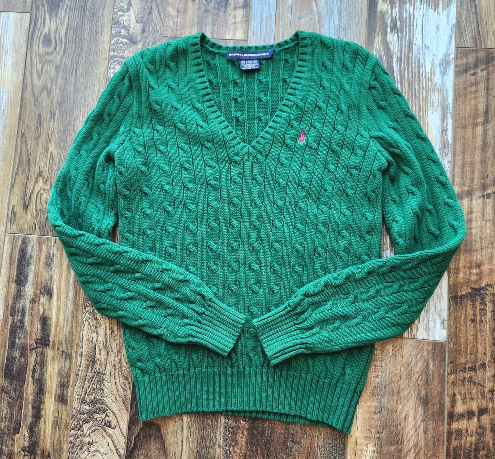 Vintage Y2K Ralph Lauren Sport Pony Cotton Cable Knit V-Neck Sweater Green Sz.L - Thumbnail 5