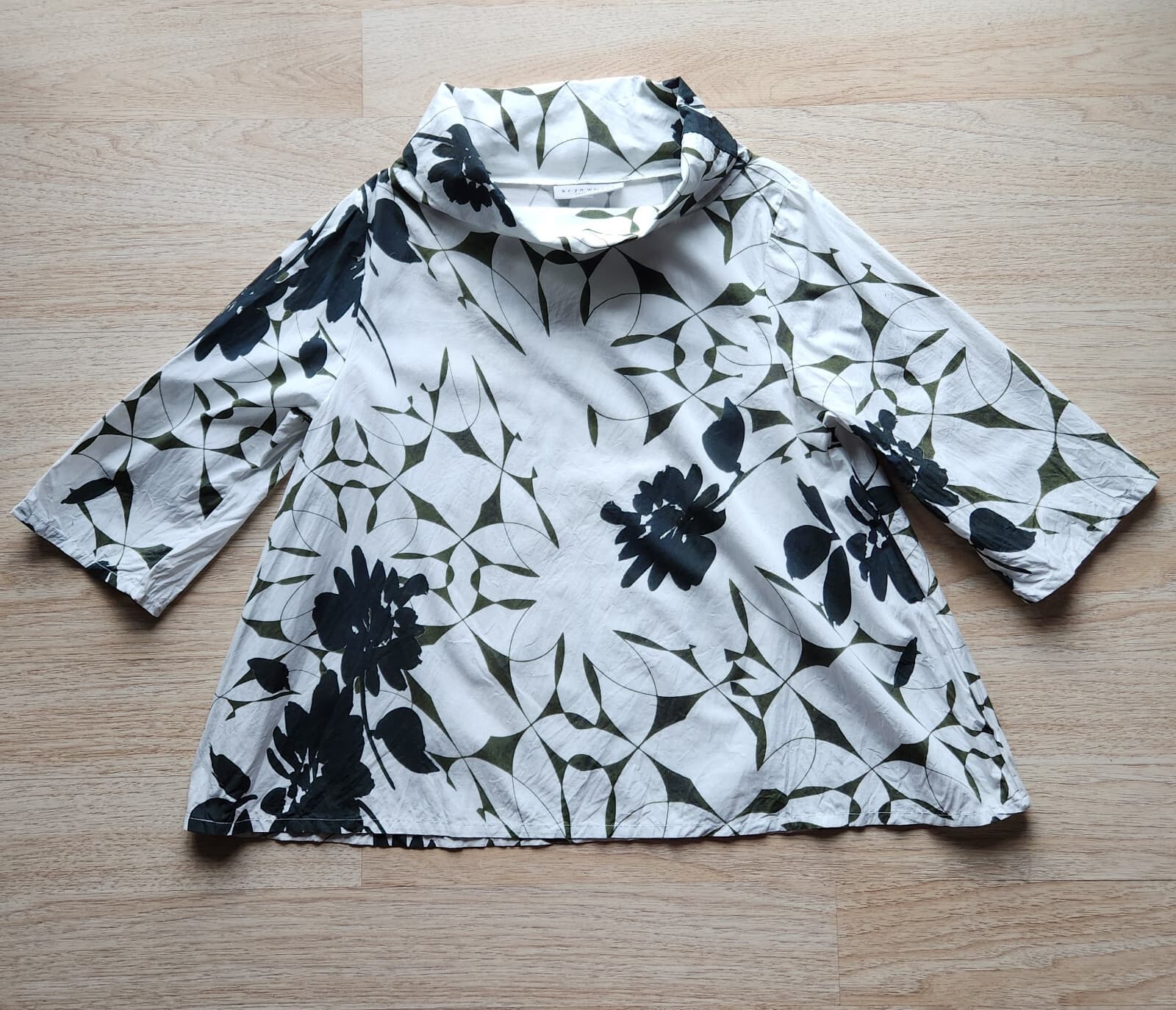 Bryn Walker Etta Fiori Floral Blouse Funnel Neck 3/4 Sleeve Cotton Green White M - Thumbnail 6