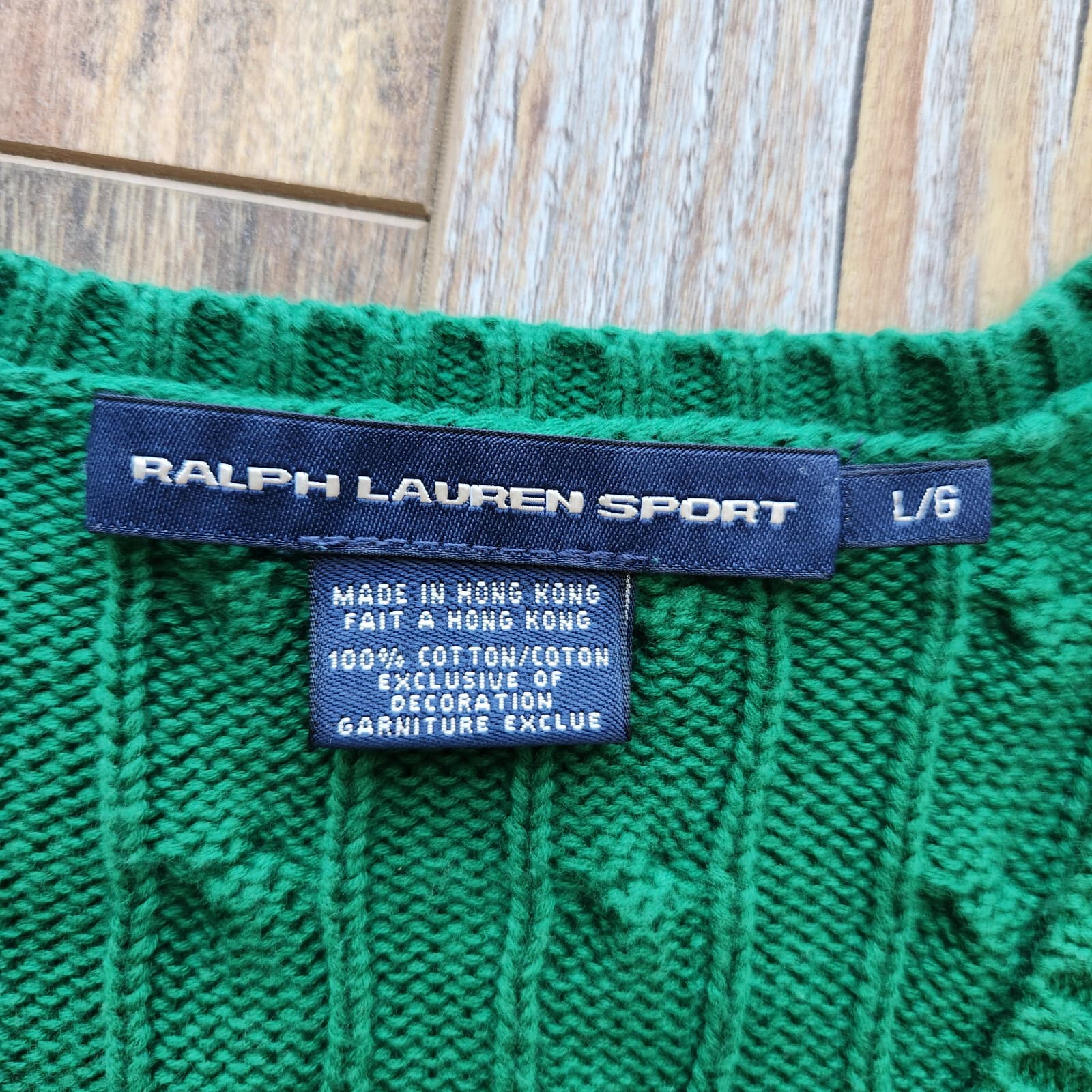 Vintage Y2K Ralph Lauren Sport Pony Cotton Cable Knit V-Neck Sweater Green Sz.L - Thumbnail 7