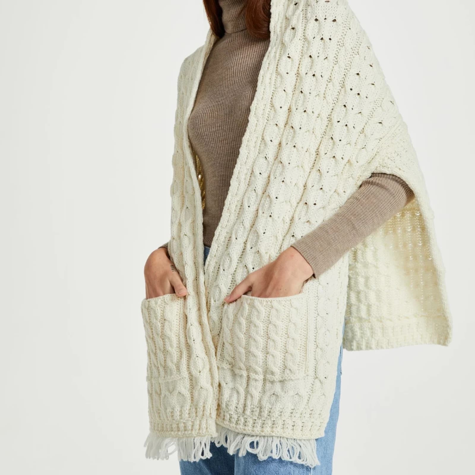 Aran Woollen Mills Ireland Shannon Throwover Merino Wool Cable Knit Wrap Pocket - Thumbnail 2