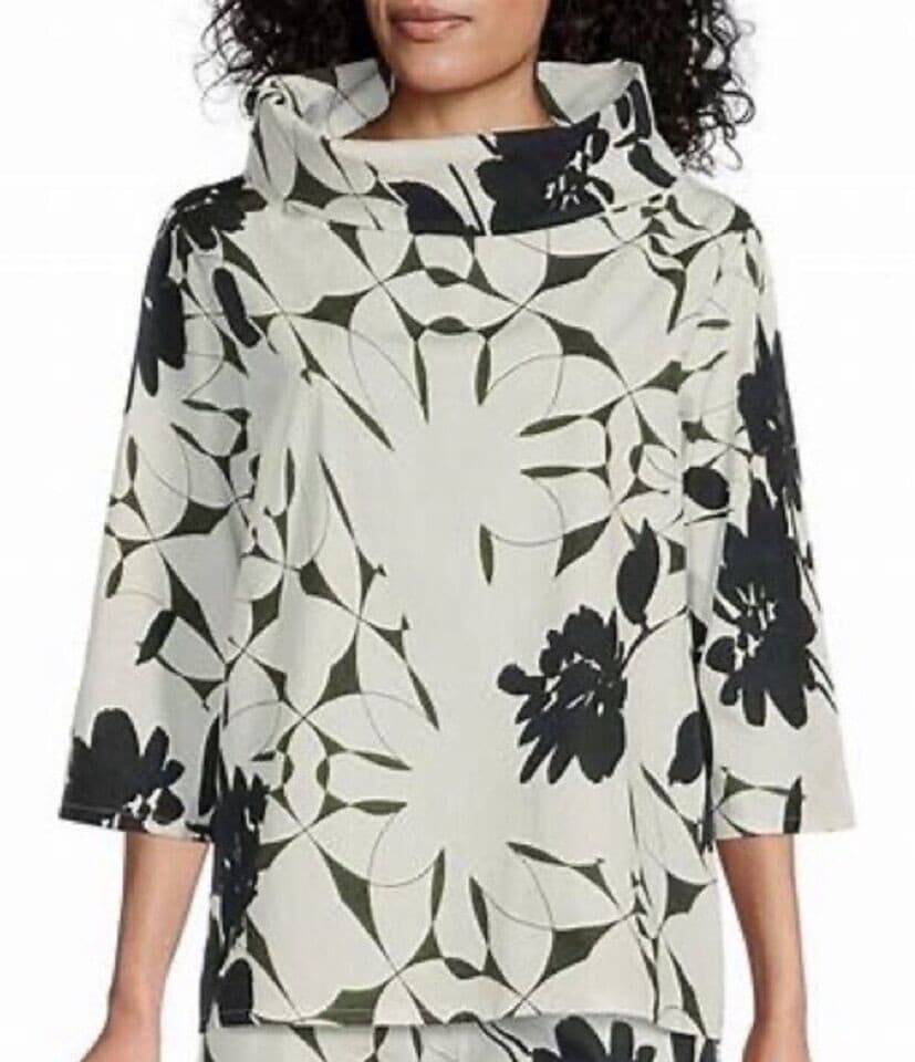 Bryn Walker Etta Fiori Floral Blouse Funnel Neck 3/4 Sleeve Cotton Green White M - Thumbnail 2