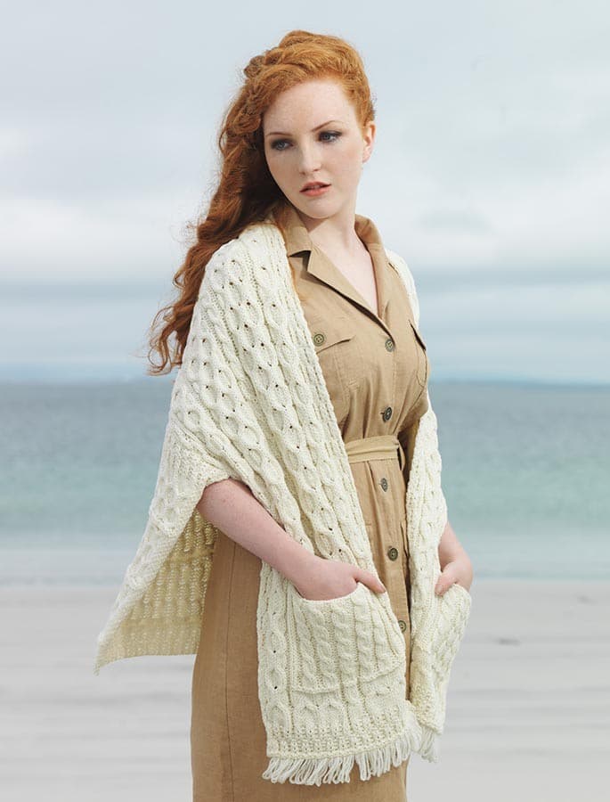 Aran Woollen Mills Ireland Shannon Throwover Merino Wool Cable Knit Wrap Pocket - Thumbnail 8