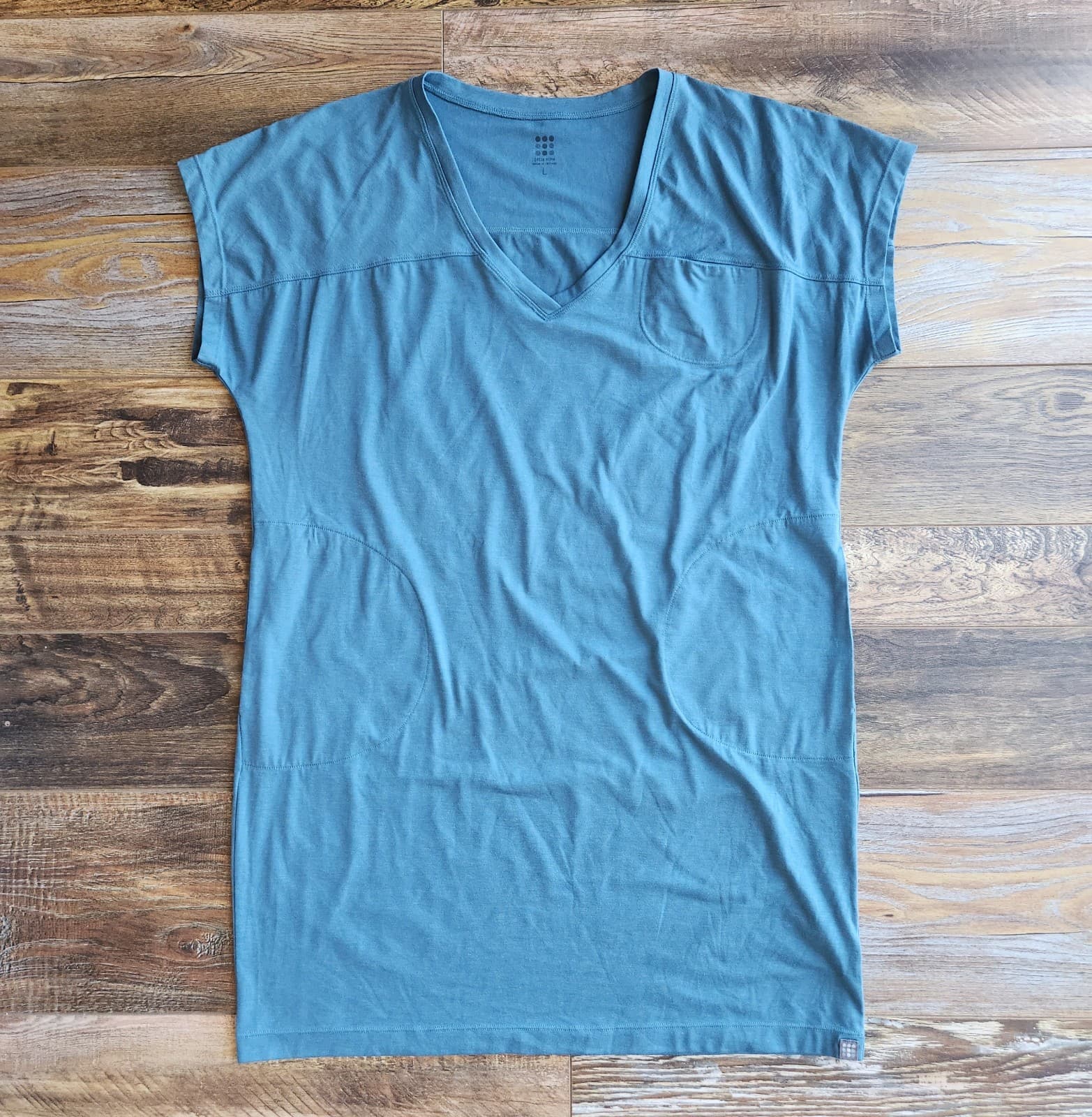 Title Nine Hiolani V Neck T-Shirt Dress Cap Sleeve Pocket Knit Blue Green Sz.L - Thumbnail 5