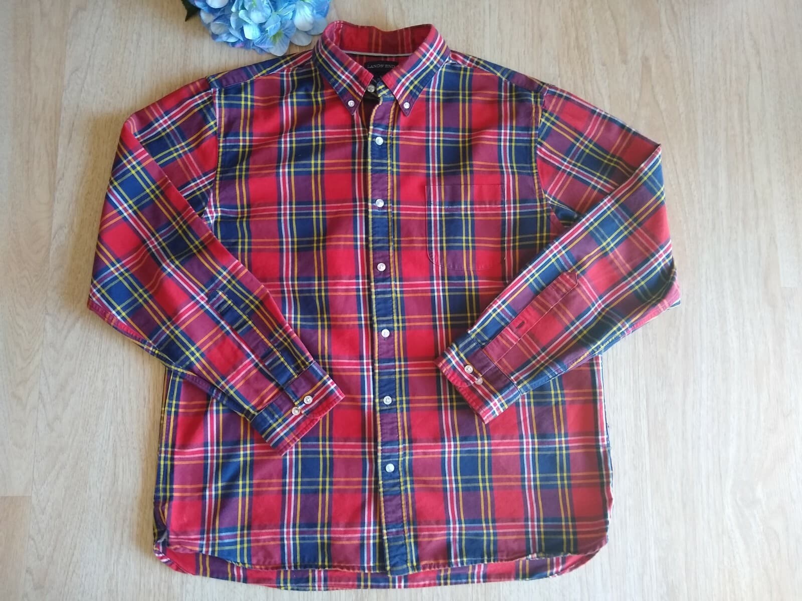 LANDS' END Cotton Shirt Long Sleeves Buttons Plaid Red Sz.L (16) - Thumbnail 3