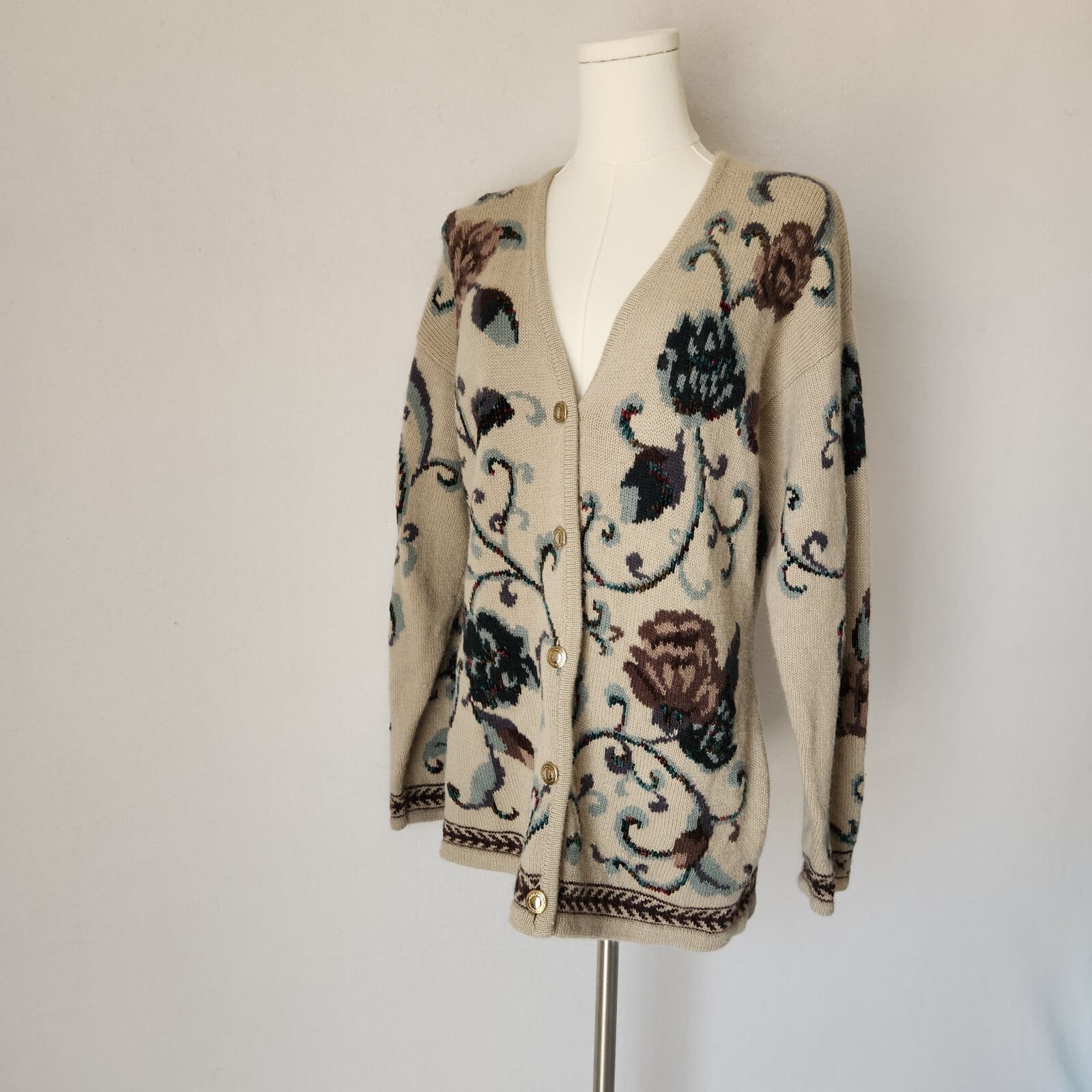 Vintage JH Collectibles Wool Alpaca Floral Cottagecore Granny Cardigan Beige L - Thumbnail 3