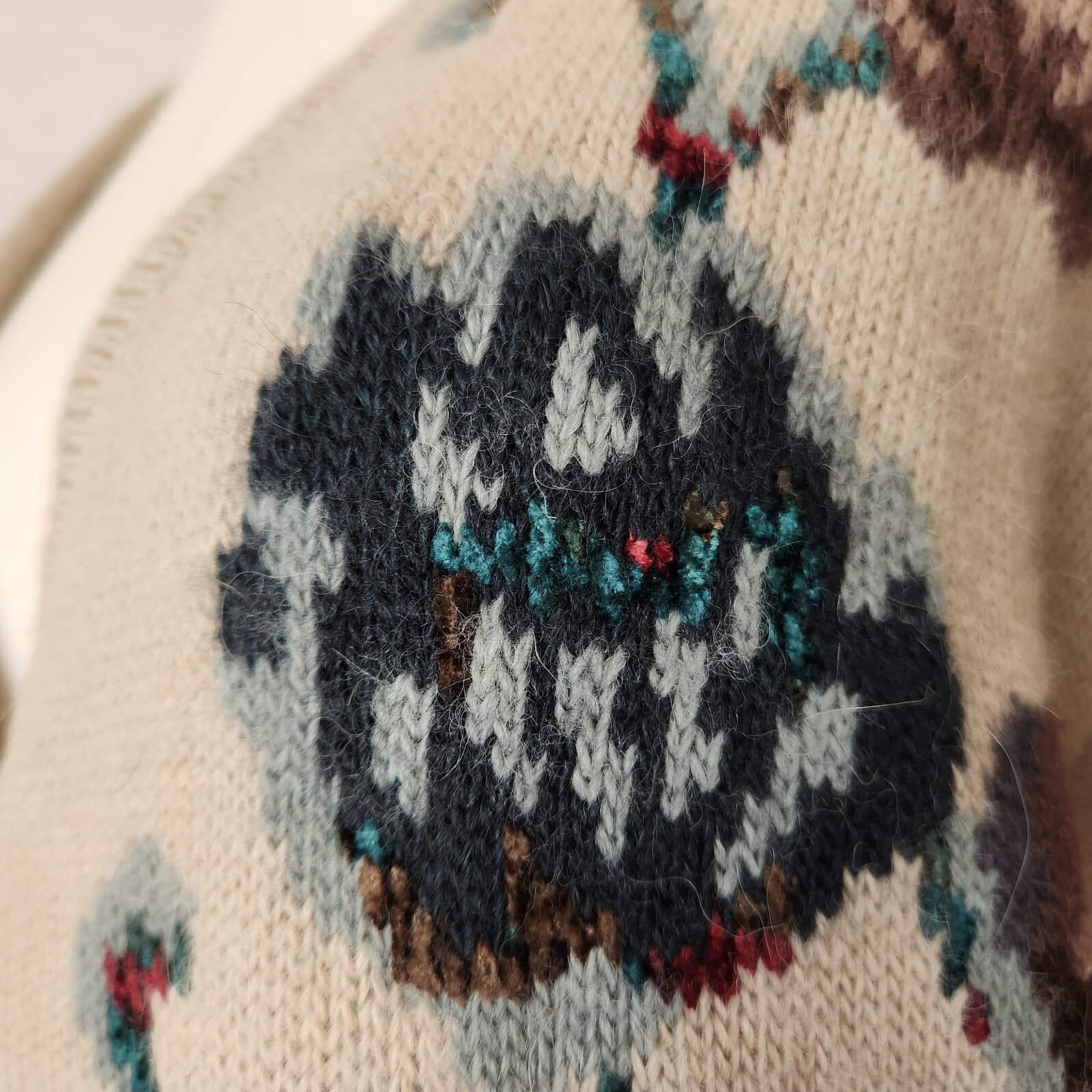 Vintage JH Collectibles Wool Alpaca Floral Cottagecore Granny Cardigan Beige L - Thumbnail 7